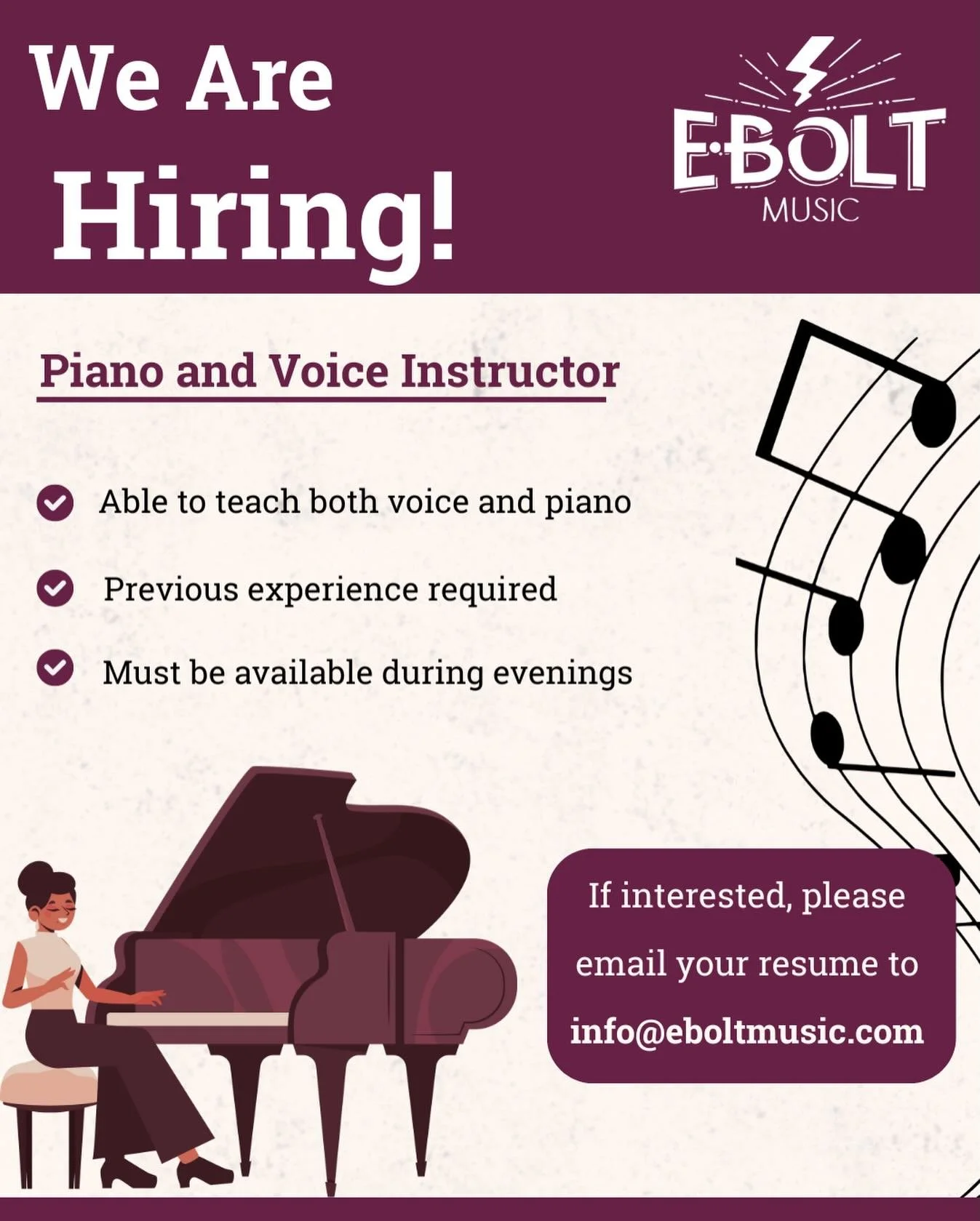 We&rsquo;re pleased to announce a position available!  If you or someone you know could be a good fit for this, email us at info@eboltmusic.com&hellip;we&rsquo;d love to connect!
