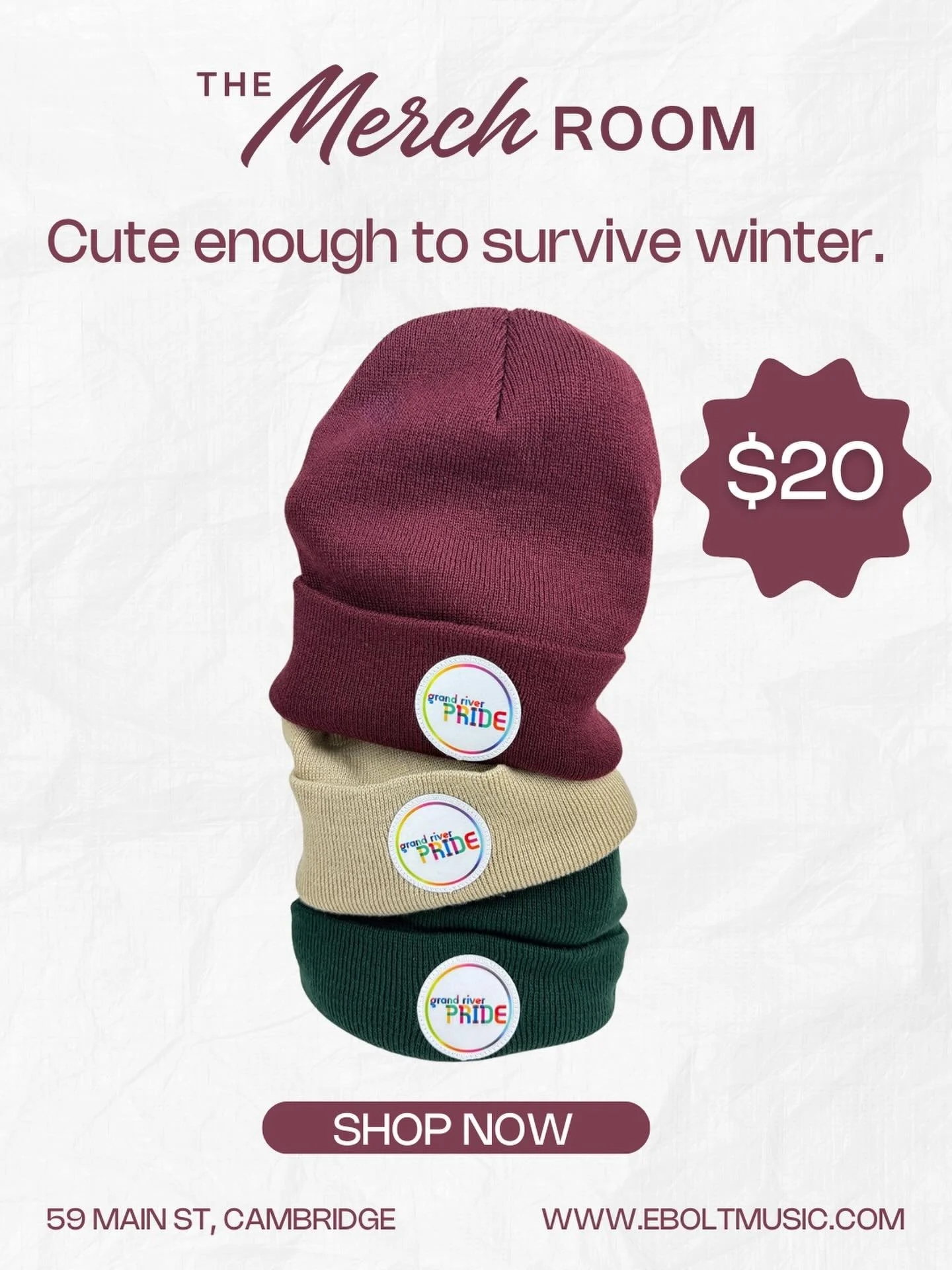Stay cozy!  Pop by The Merch Room for toques and sweaters supporting #GrandRiverPride and local artists!