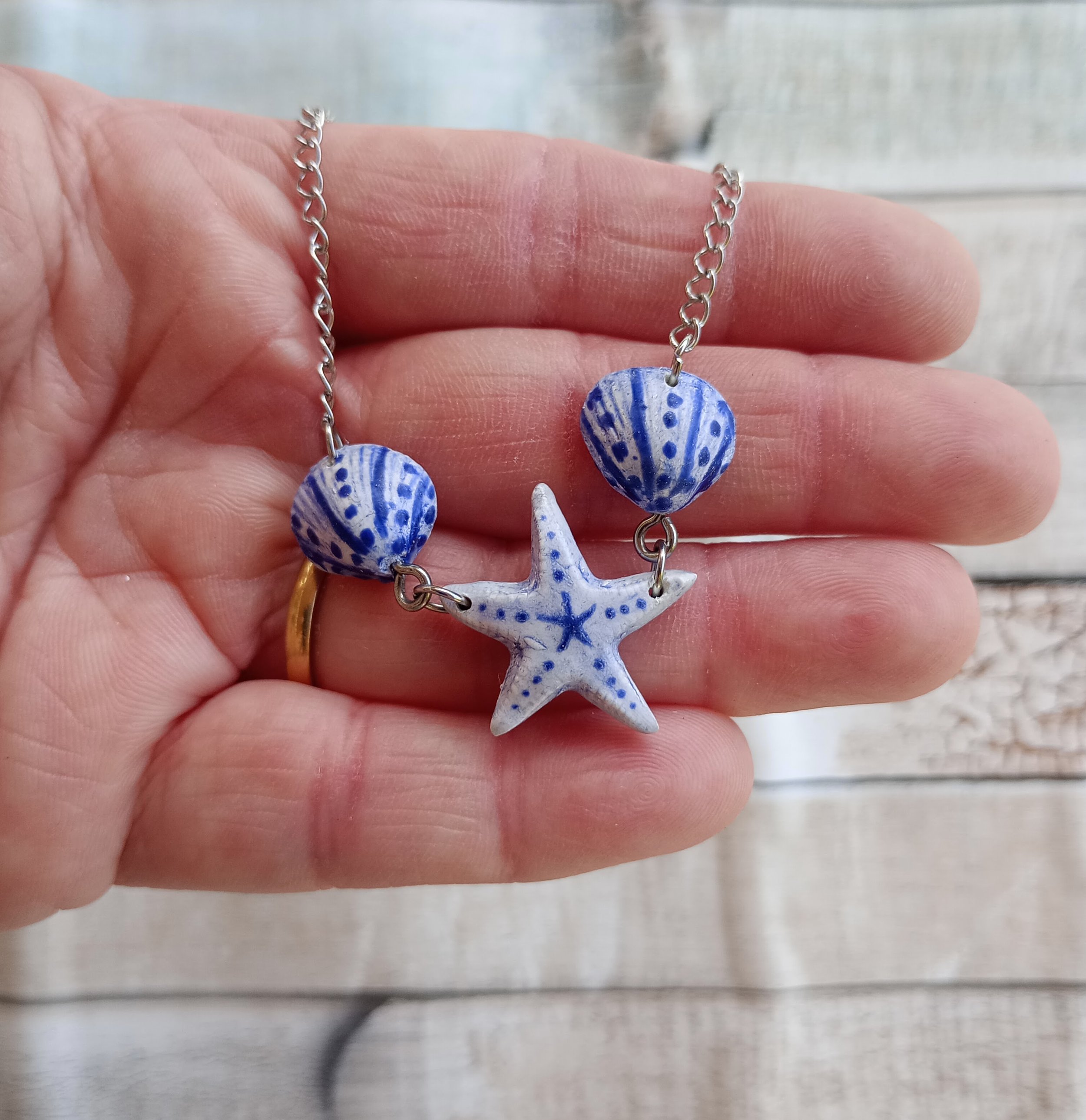 Starfish & Shells Blue & White Necklace Size.jpg