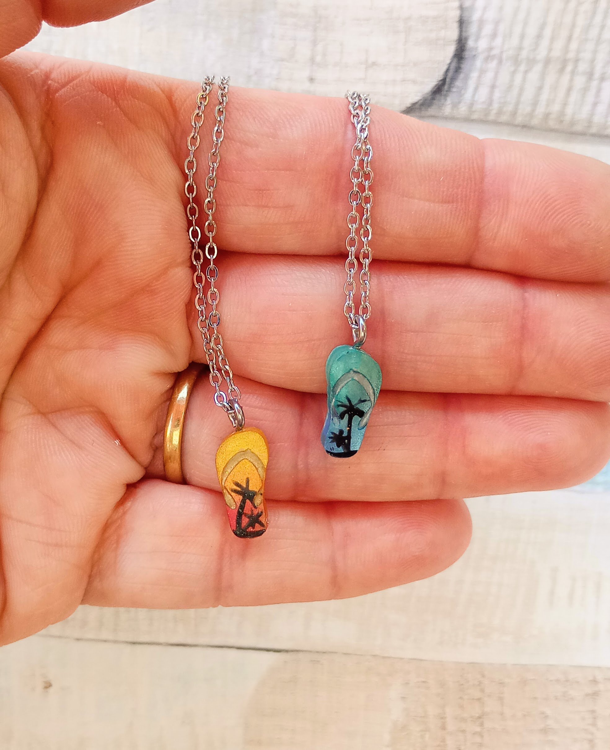 Flip Flop Red-Orange-Yellow Green-Blue with tropical black palm trees small Pendant Necklace size.jpg