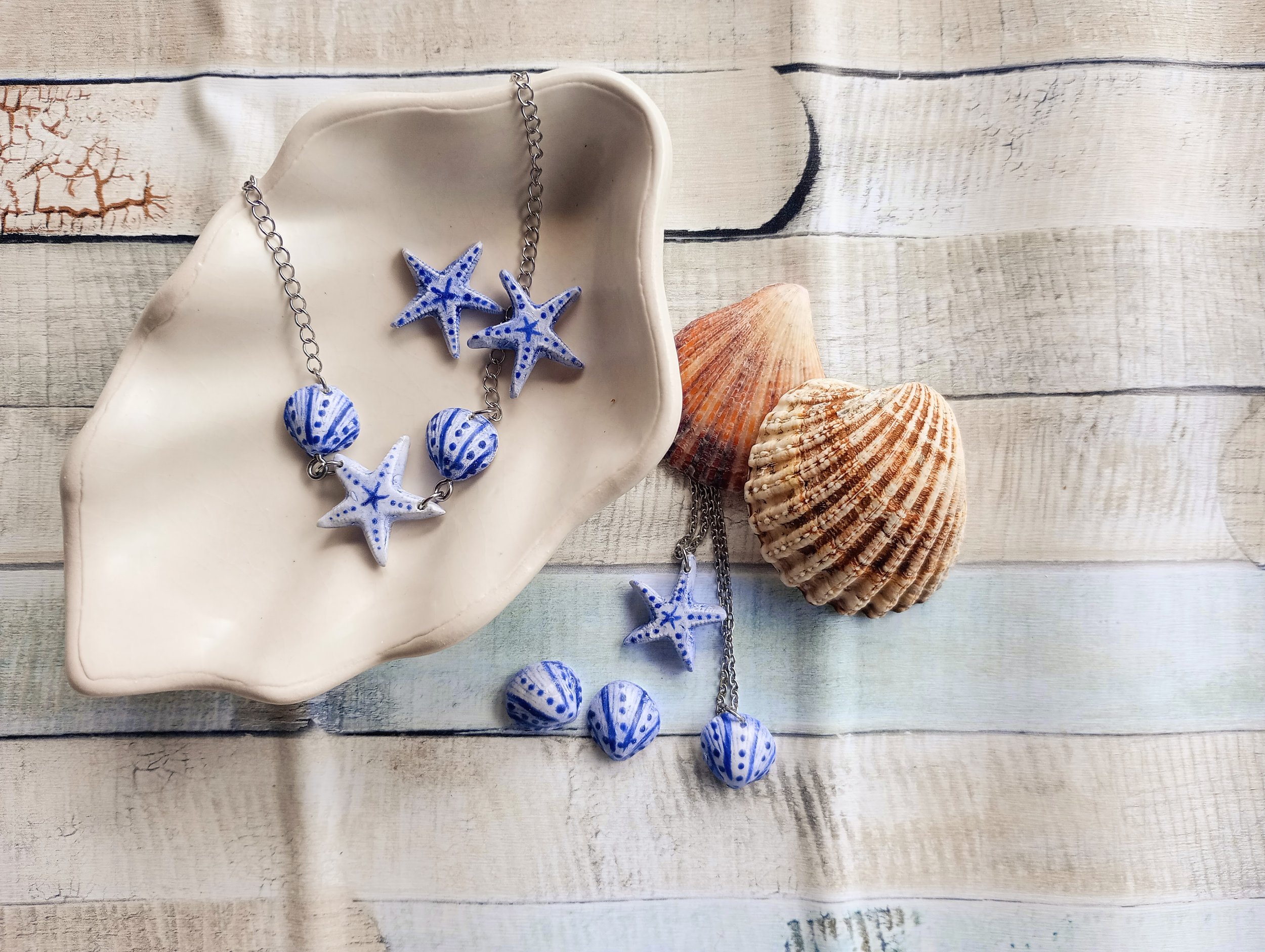 Starfish & Shells Blue & White Earrings Necklace Pendant.jpg