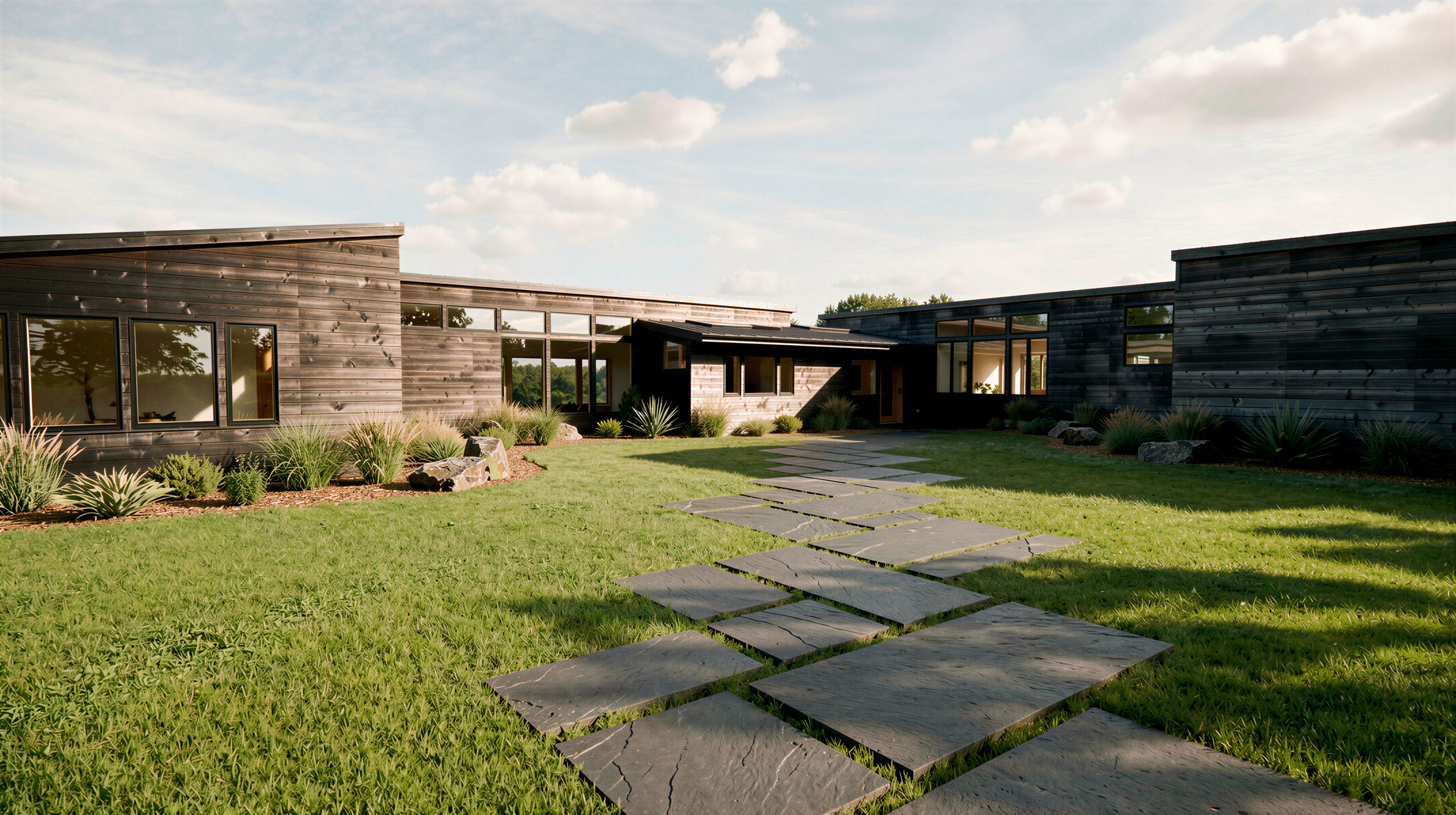 Mid-century addition and renovation with Shou Sugi Ban siding.