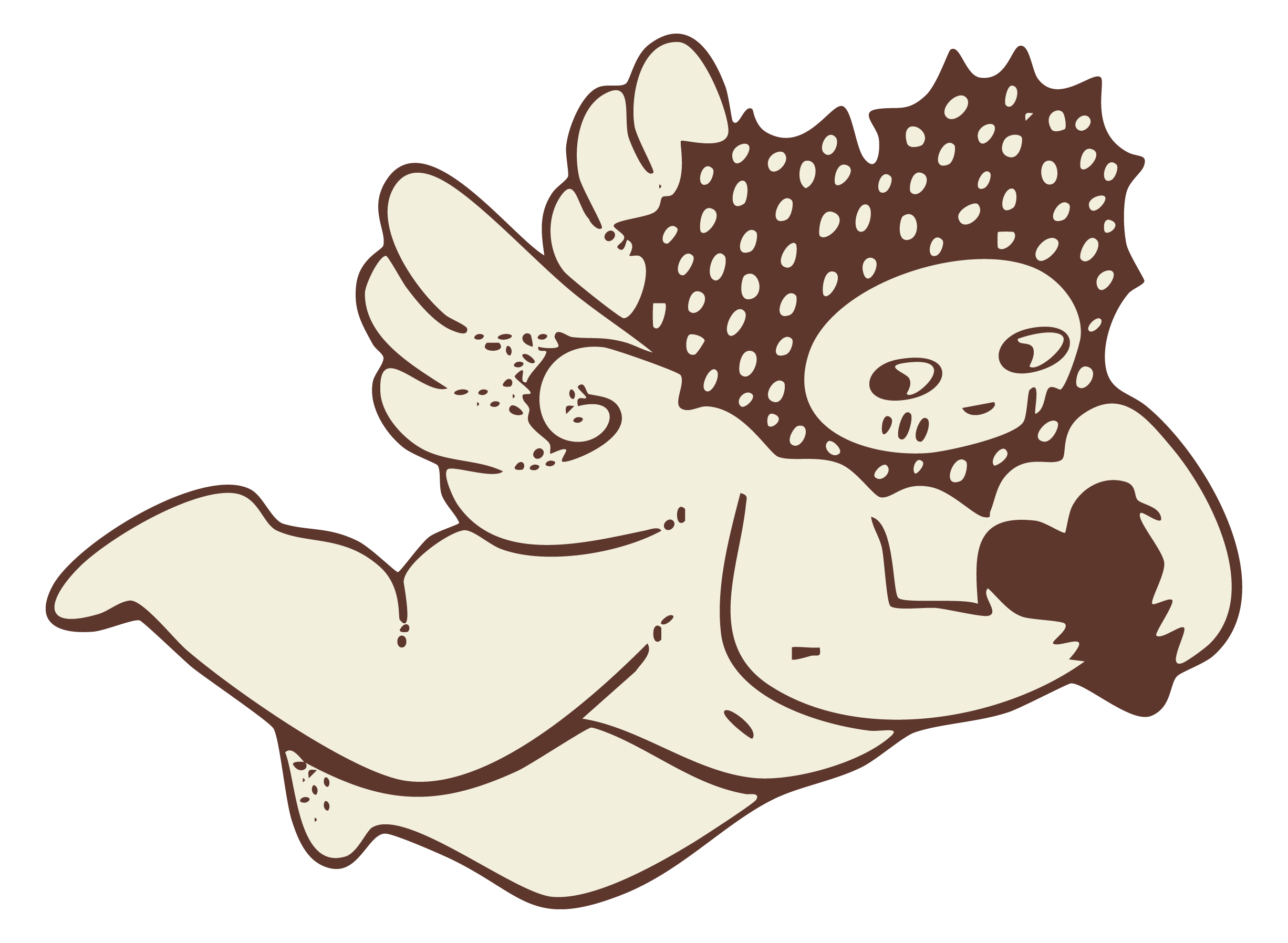 A cartoon-style cherub with a strawberry-like head, holding a heart shaped object, lying on a cloud.