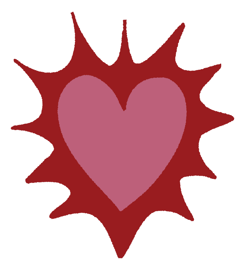 A pink heart with red jagged edges around it, resembling a burst or explosion.