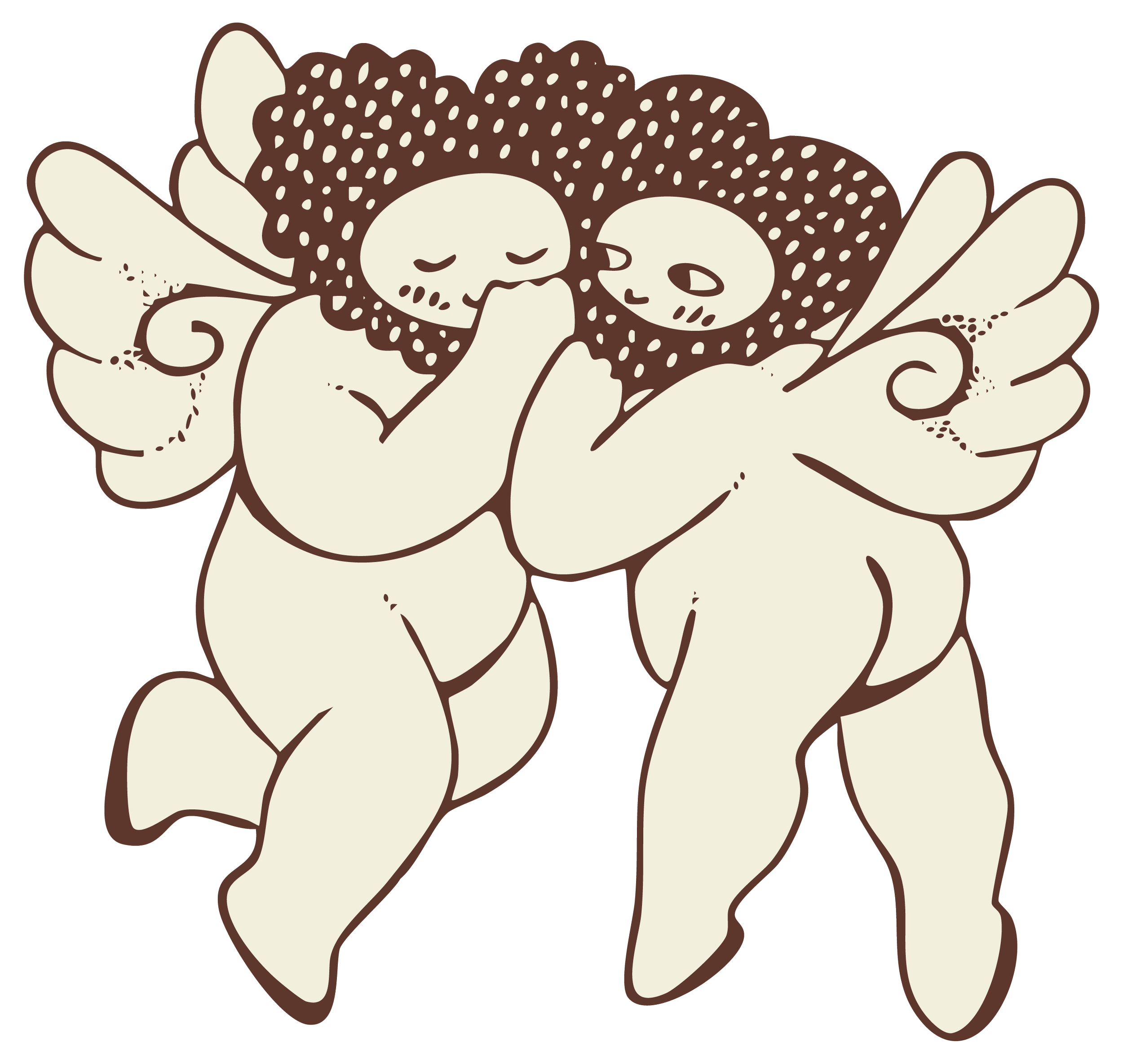 Two cherubs with strawberry faces and wings, intimately whispering in each others ears.