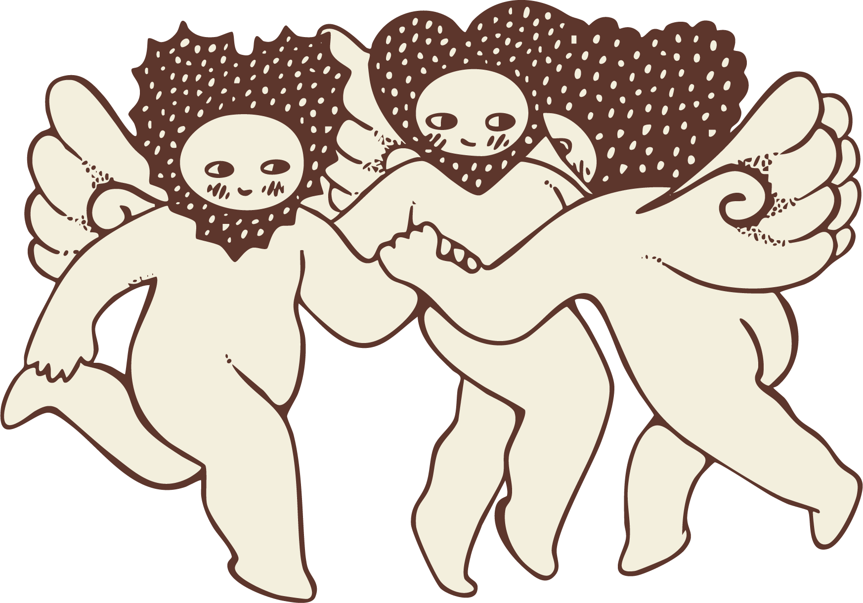 Polycule of three cherub illustrations with heart-shaped heads and happy faces, holding hands