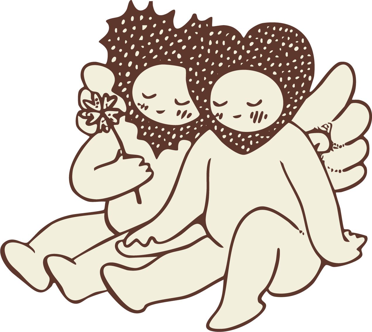 Line drawing of two angels with curly hair, sitting close together with eyes closed. One angel holds a flower. Both have gentle, peaceful expressions.