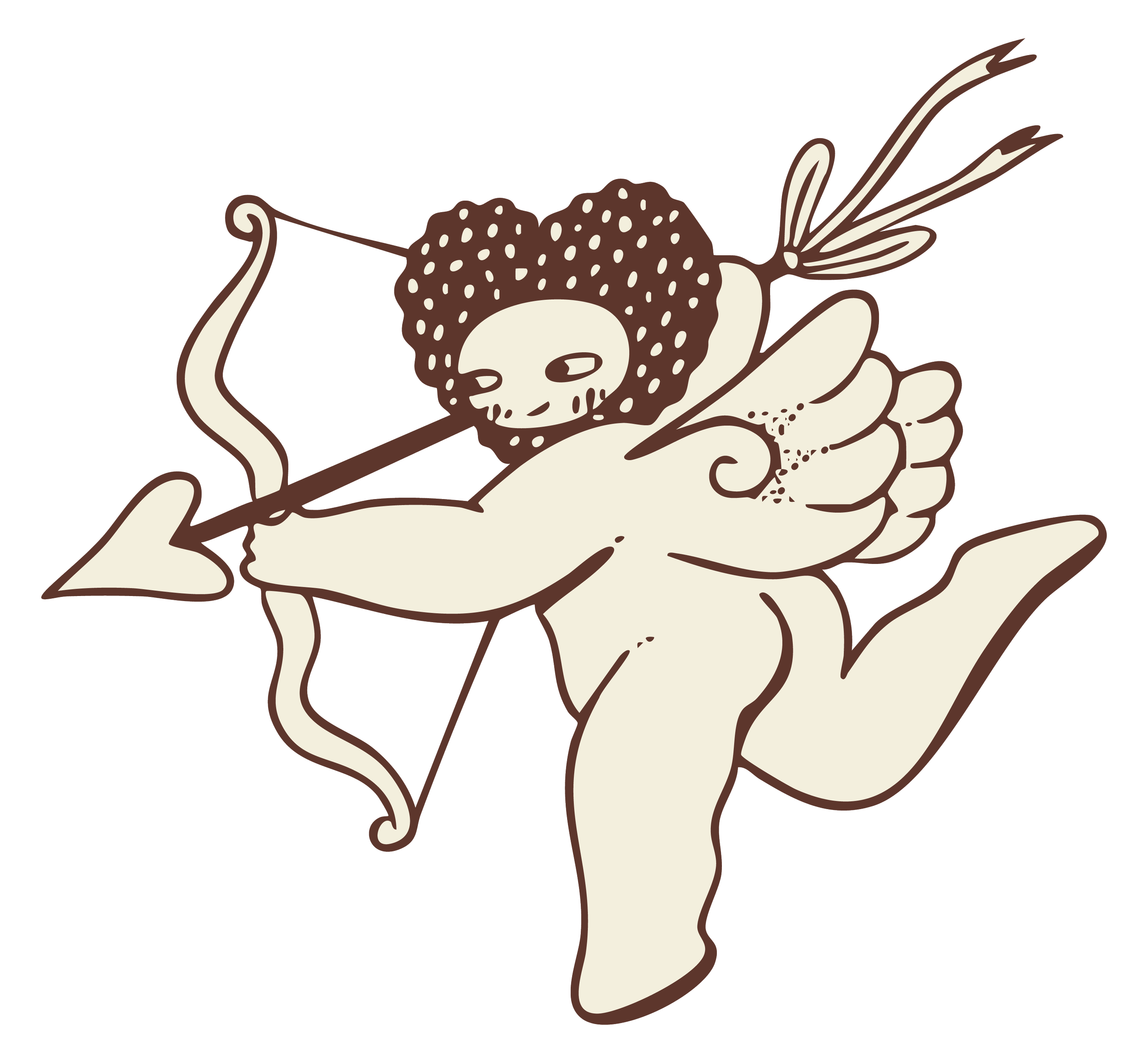 A cartoon cupid with curly hair, wings, and a bow and arrow.