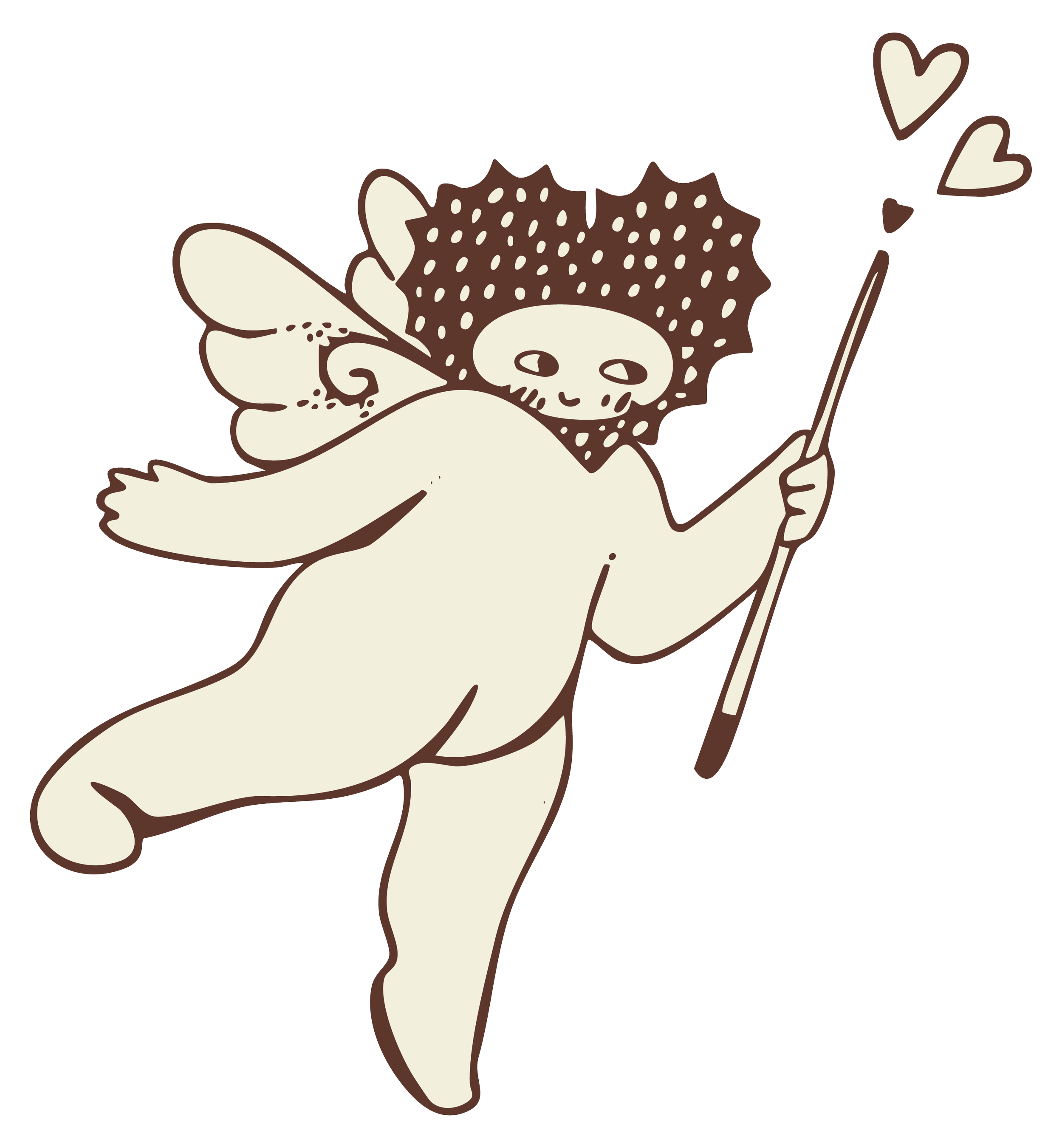 A cute cartoon cupid with butterfly-like wings, holding a bow with hearts, smiling, drawn in beige and brown colors.