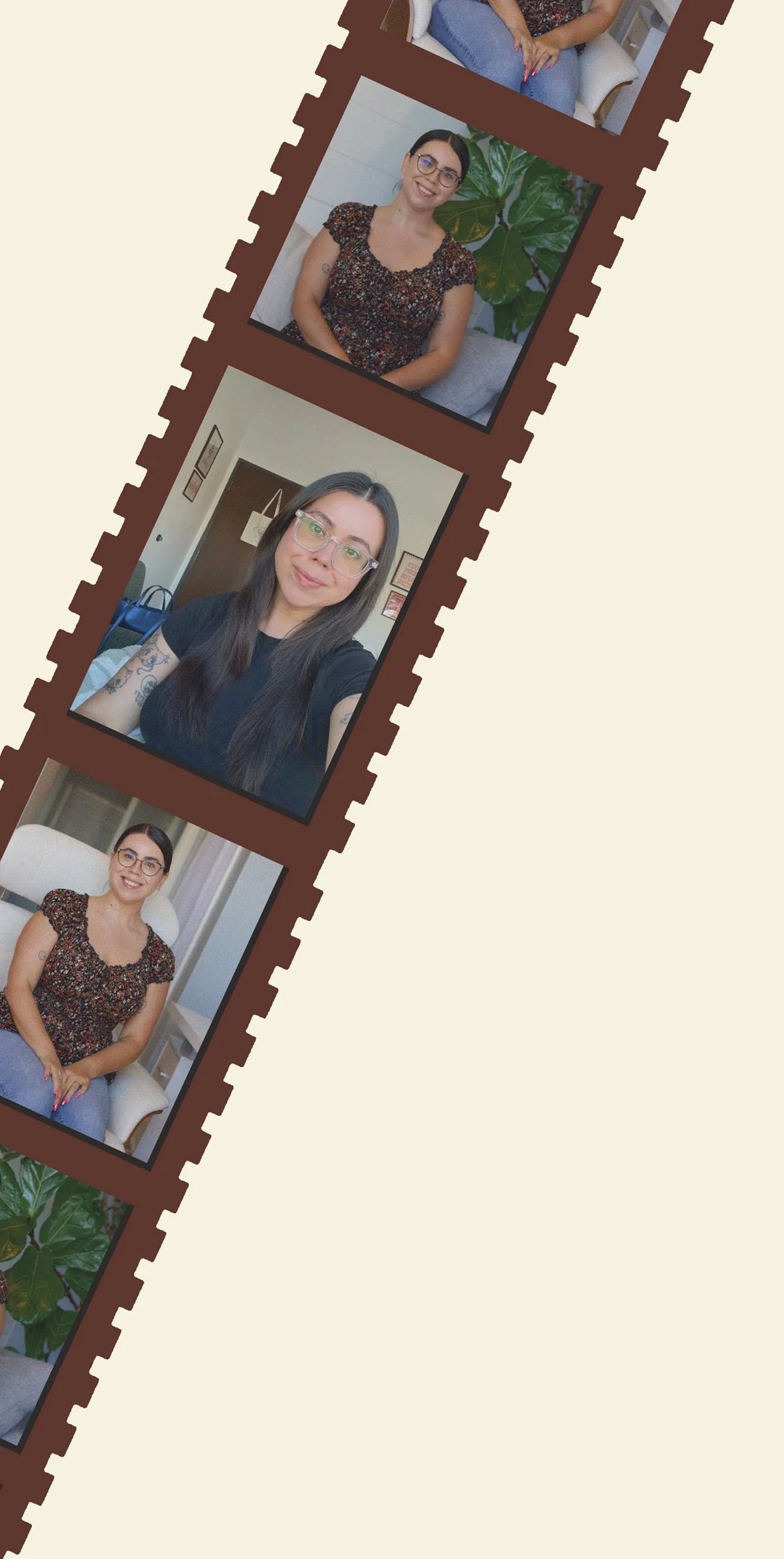 A digital photo strip featuring four images of a woman with long dark hair, glasses, and tattoos, in different indoor settings with plants and furniture.