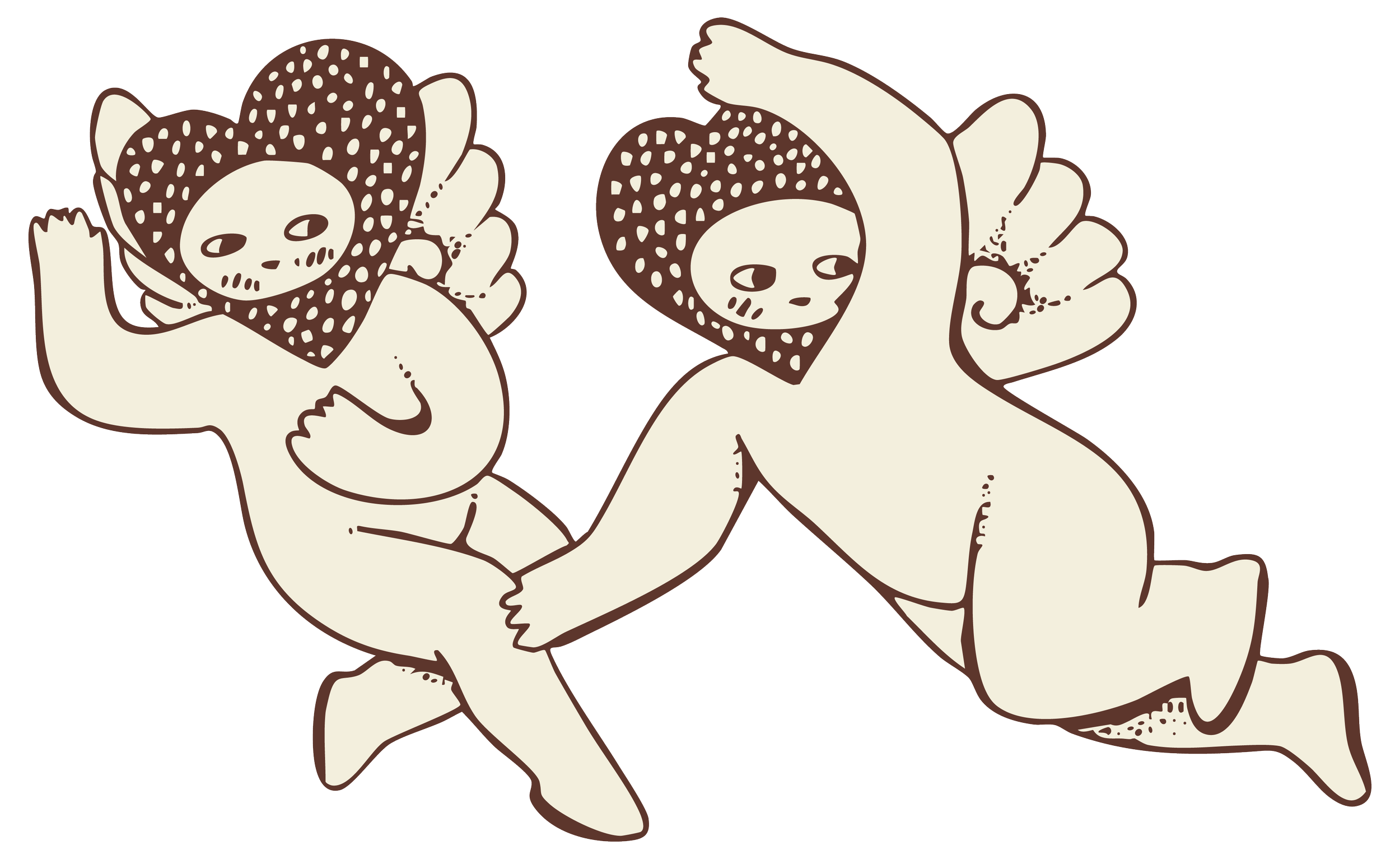 Two cartoon angels with curly hair and wings, touching hands and kneeling on the ground.