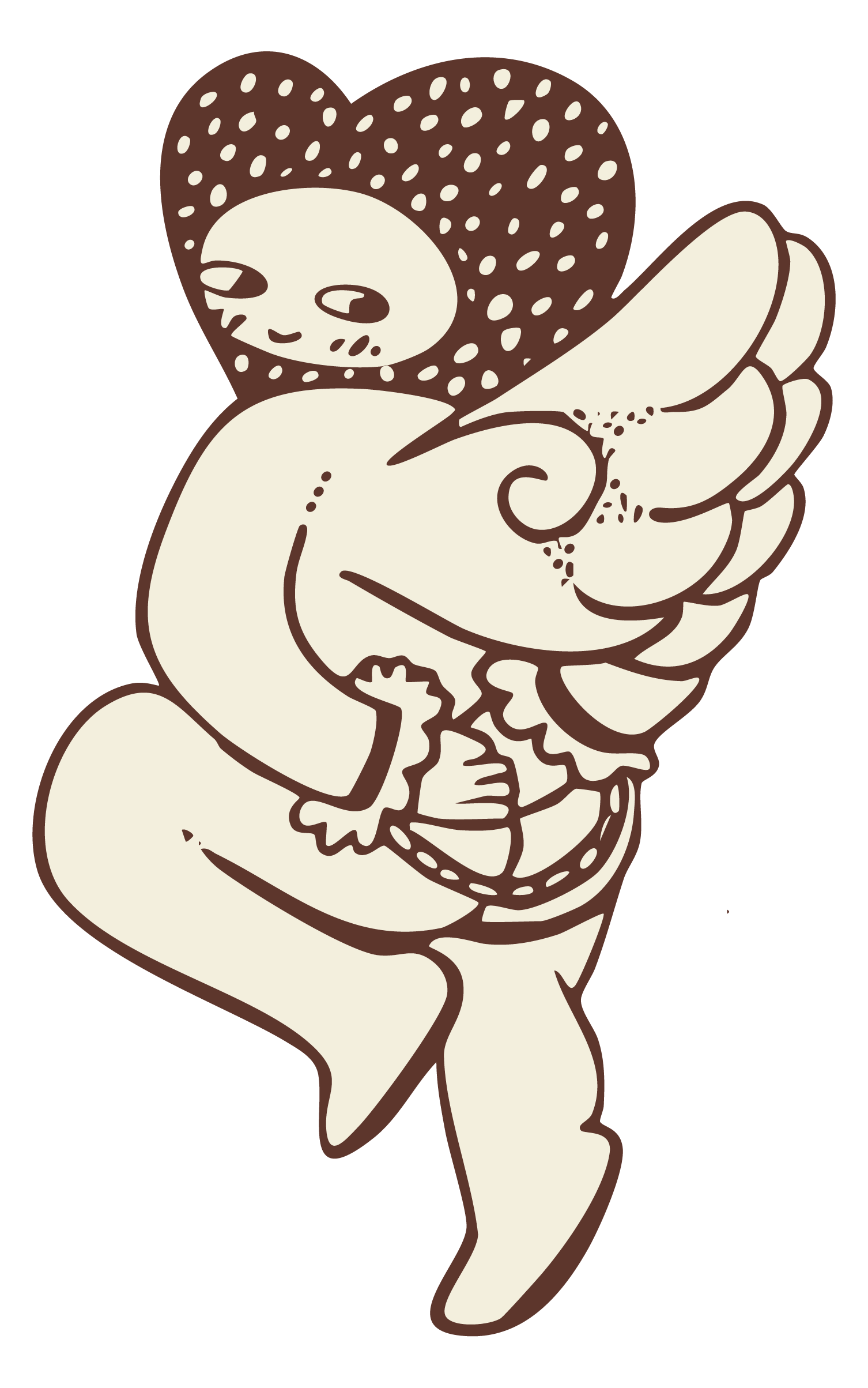 A cartoon-style illustration of a humanoid figure with a mushroom cap helmet, winged creature, and a small smiling face with closed eyes.