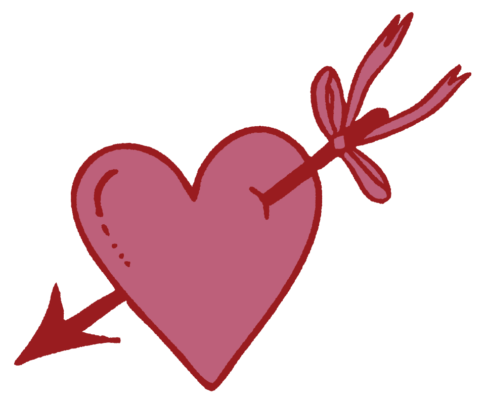 A pink heart pierced by a red arrow with a bow.