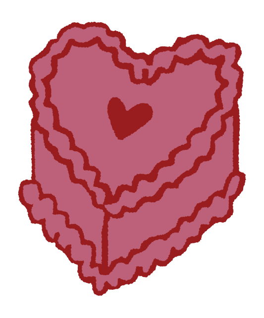 A drawing of three stacked pink hearts with a smaller red heart in the center on a black background.