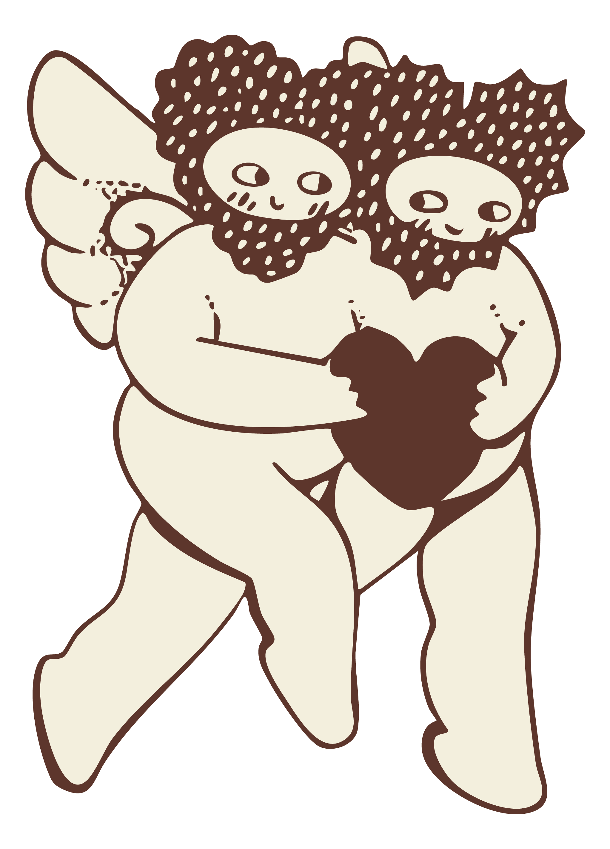Illustration of a cherub couple with heart shape heads, holding a dark heart.
