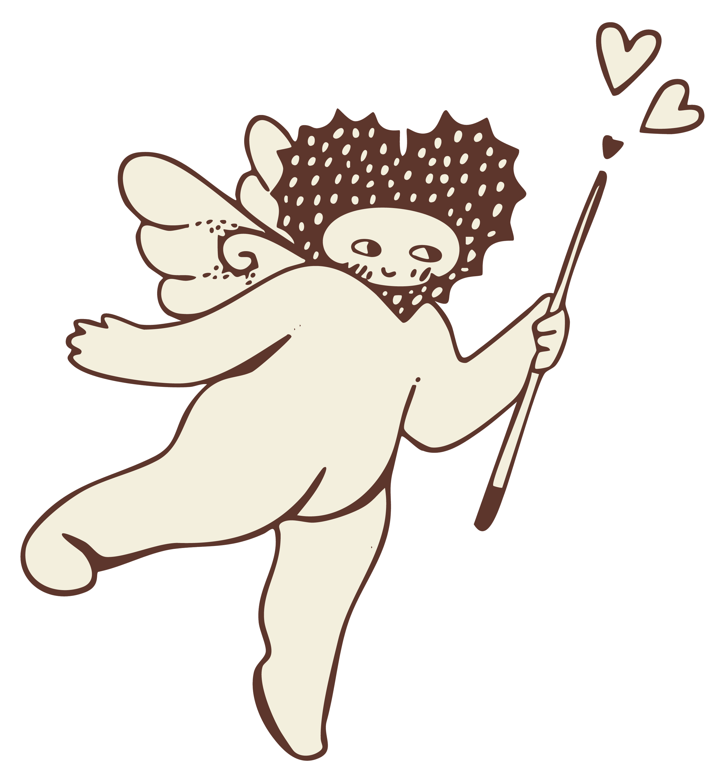 A cartoon-style illustration of a small, winged, humanoid creature with a skunk-like face and spiky hair, holding a stick with hearts at the tip, smiling.