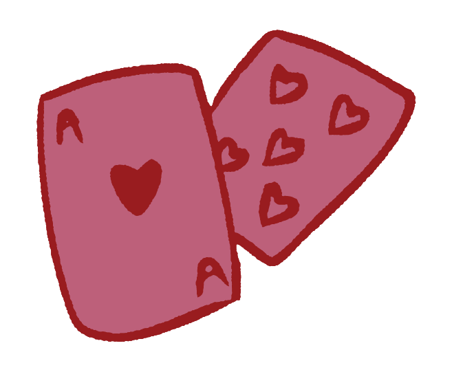 Two illustrated playing cards, one with a large red heart and the other with multiple smaller red hearts on a pink background.