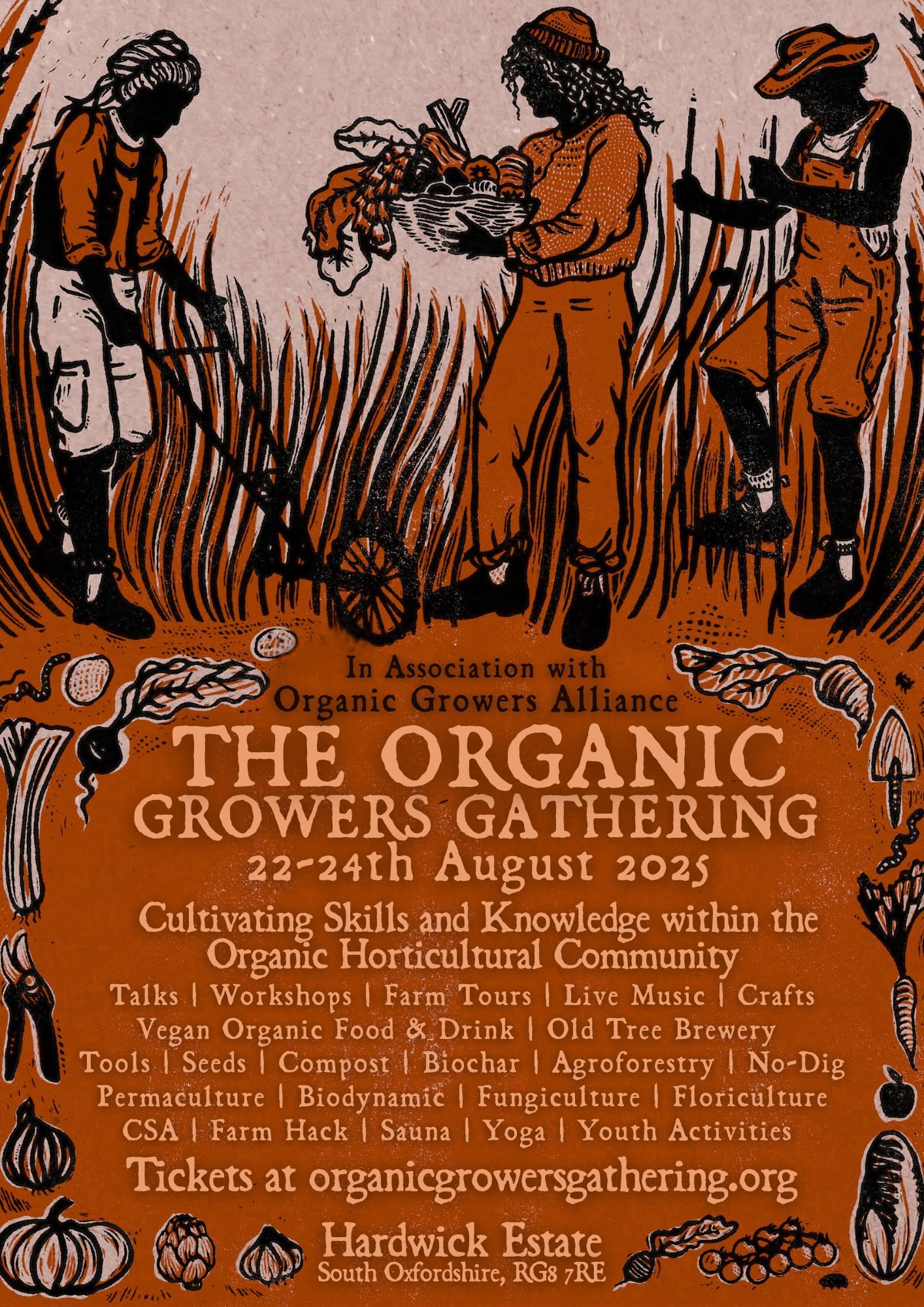Illustration of three people harvesting vegetables in a field, with pumpkins, gourds, and other produce at the bottom and sides of the image. Text promoting The Organic Growers Gathering 2023 with event details, activities, and location.