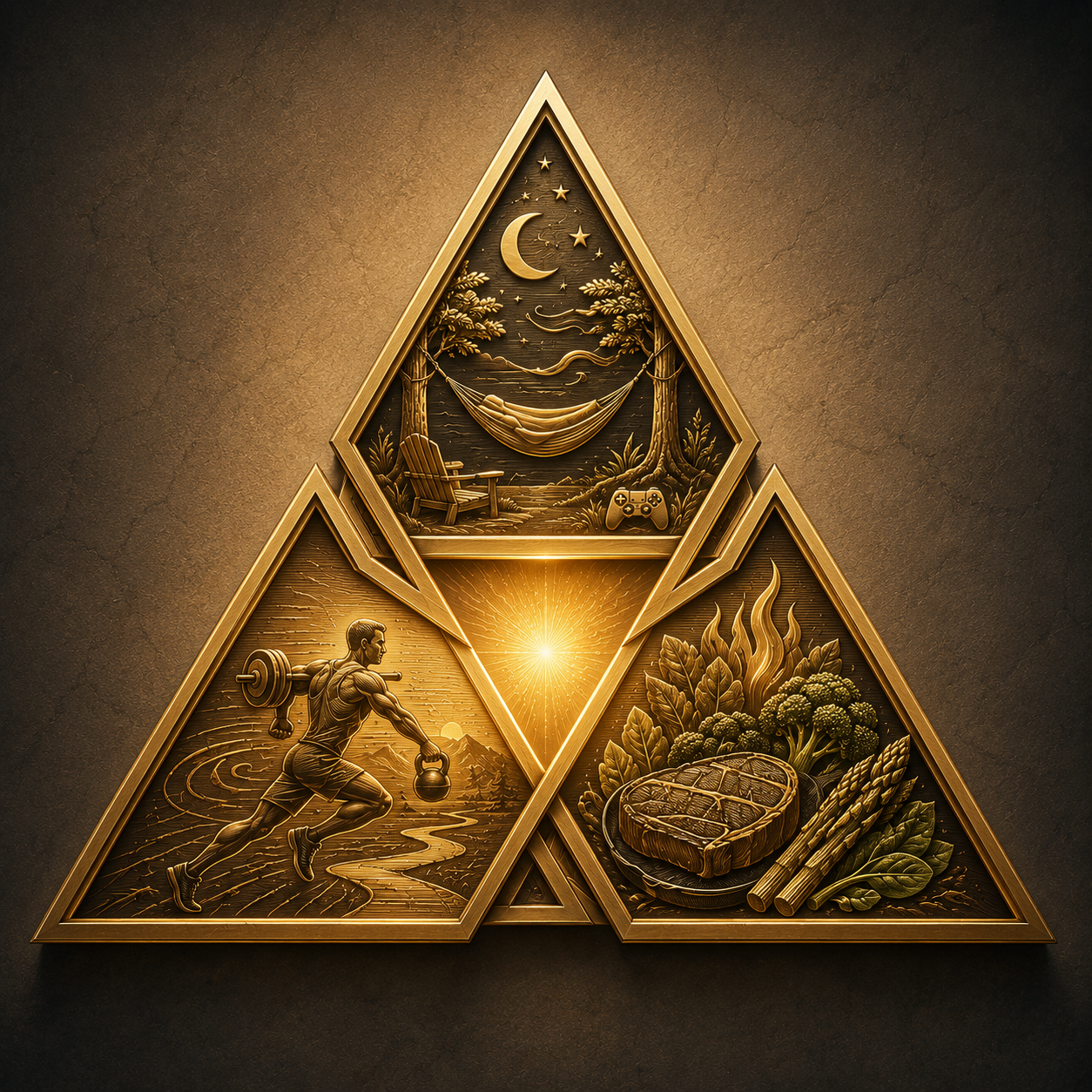 Three interconnected triangular panels with gold detailing depicting a night scene with a hammock under trees, a sunrise over hills, a man lifting a kettlebell, and a plate of steak with vegetables, representing a balance of relaxation, nature, fitness, and healthy eating.