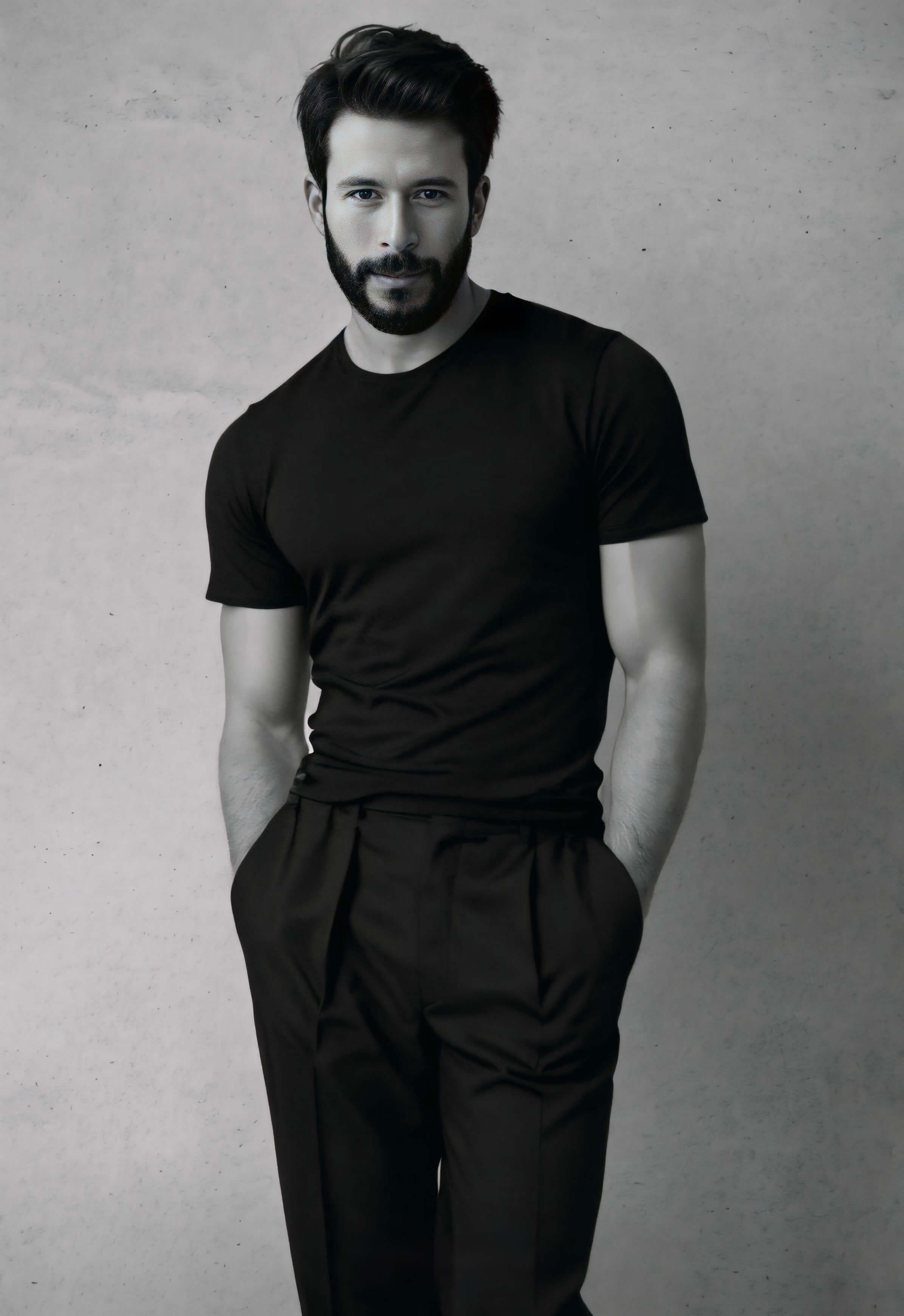 Hombre con barba y cabello oscuro, vistiendo camiseta y pantalones negros, con manos en los bolsillos, sobre fondo gris.