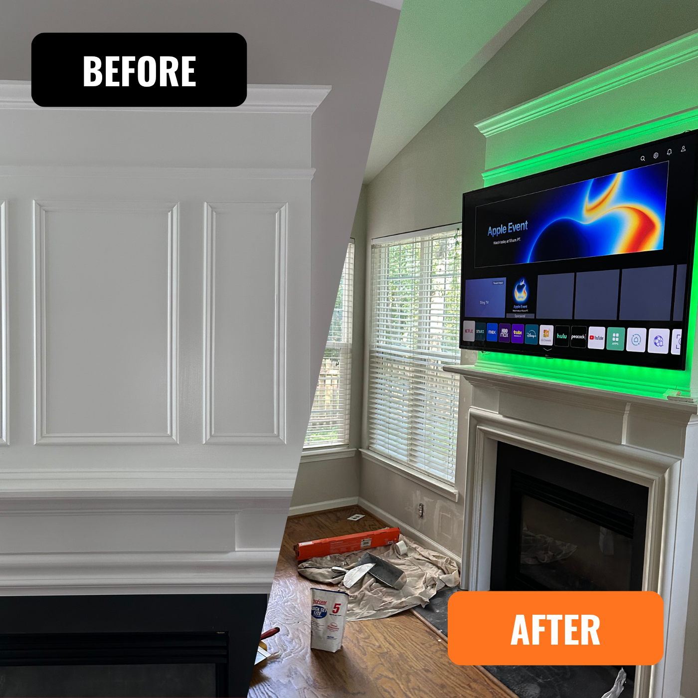 Tv Installation. Cable hidden, sheetrock, painting, trim, fireplace, 