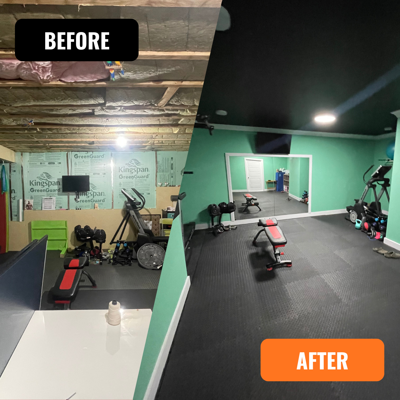 Basement remodeling, Gym, Insolation, sheetrock, painting, ceiling painting, walls painting, door installation, pocket door installation, flooring, rubber flooring, Light fixture installation, trim, mirror installation,   