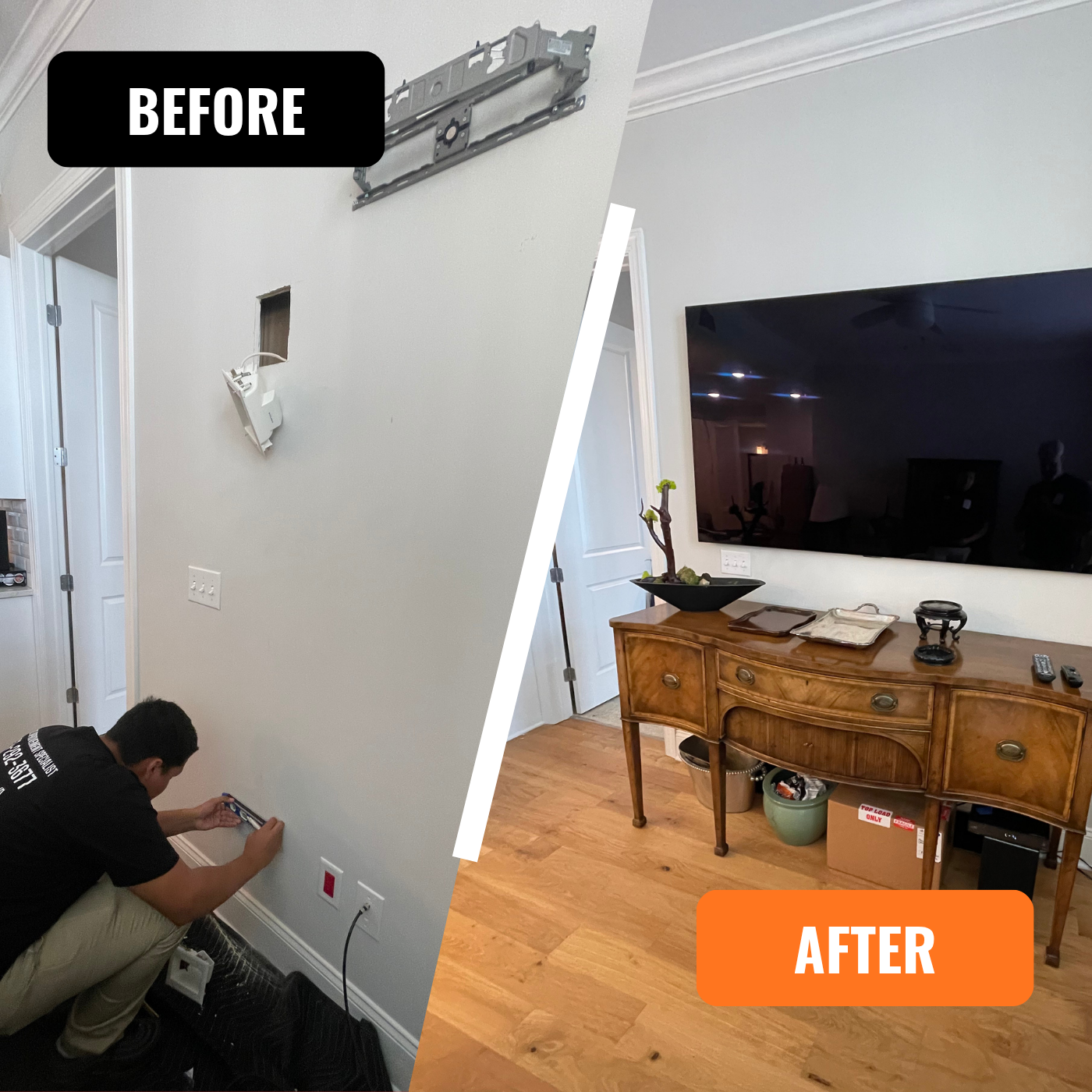 Tv Installation, Tv Hanging, cables hidden, retirement living tv installation service