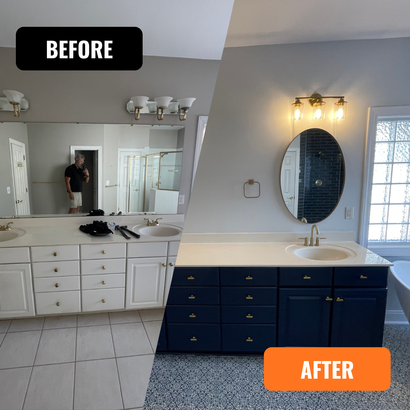 Bathroom remodelation, vanity painting, tile installation, light fixture installation, mirror hanging, trim installation 