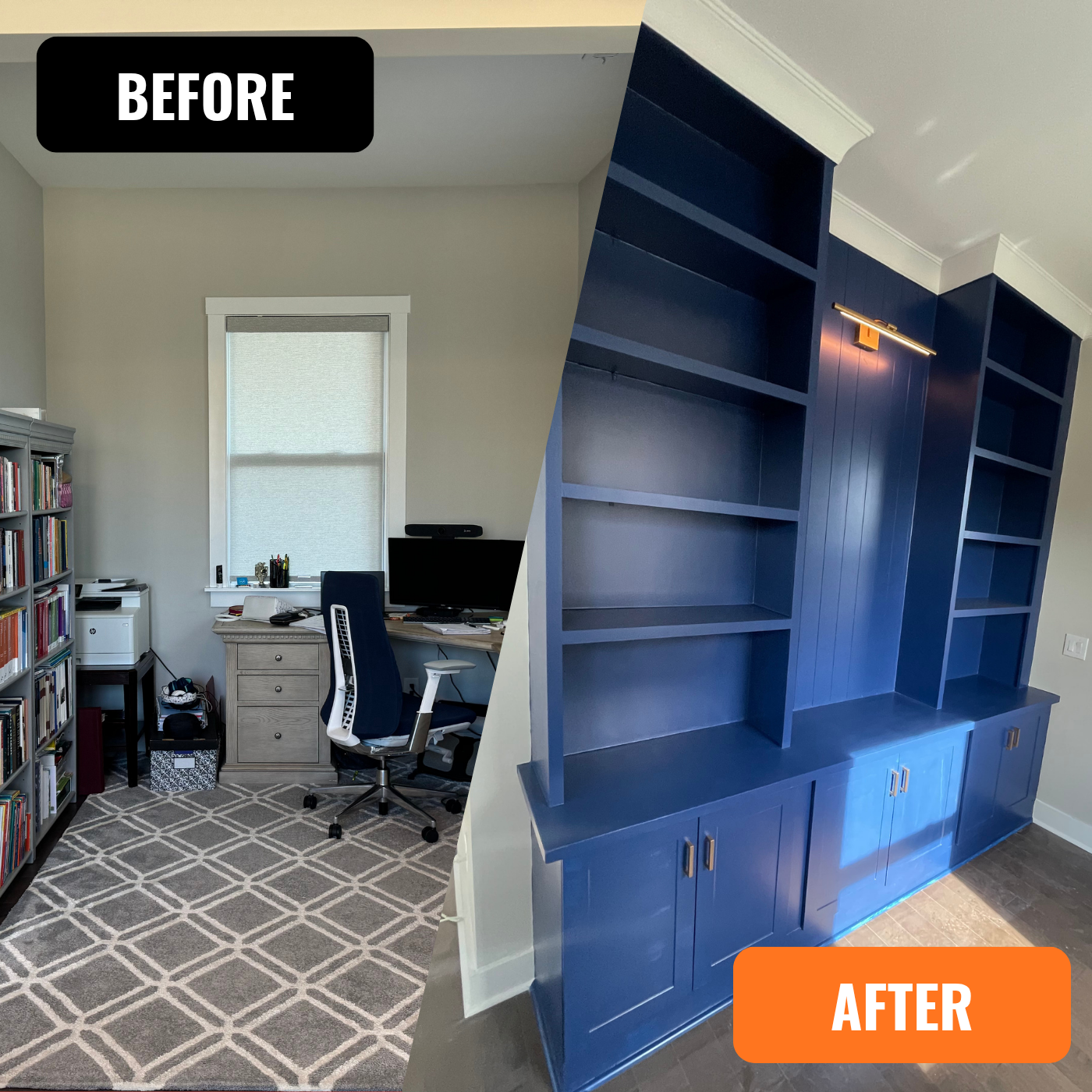 office hutch installation, custom hutch building, custom bookshelves, carpentry, painting, light fixture installation, ceiling painting, office painting, residential, commercial