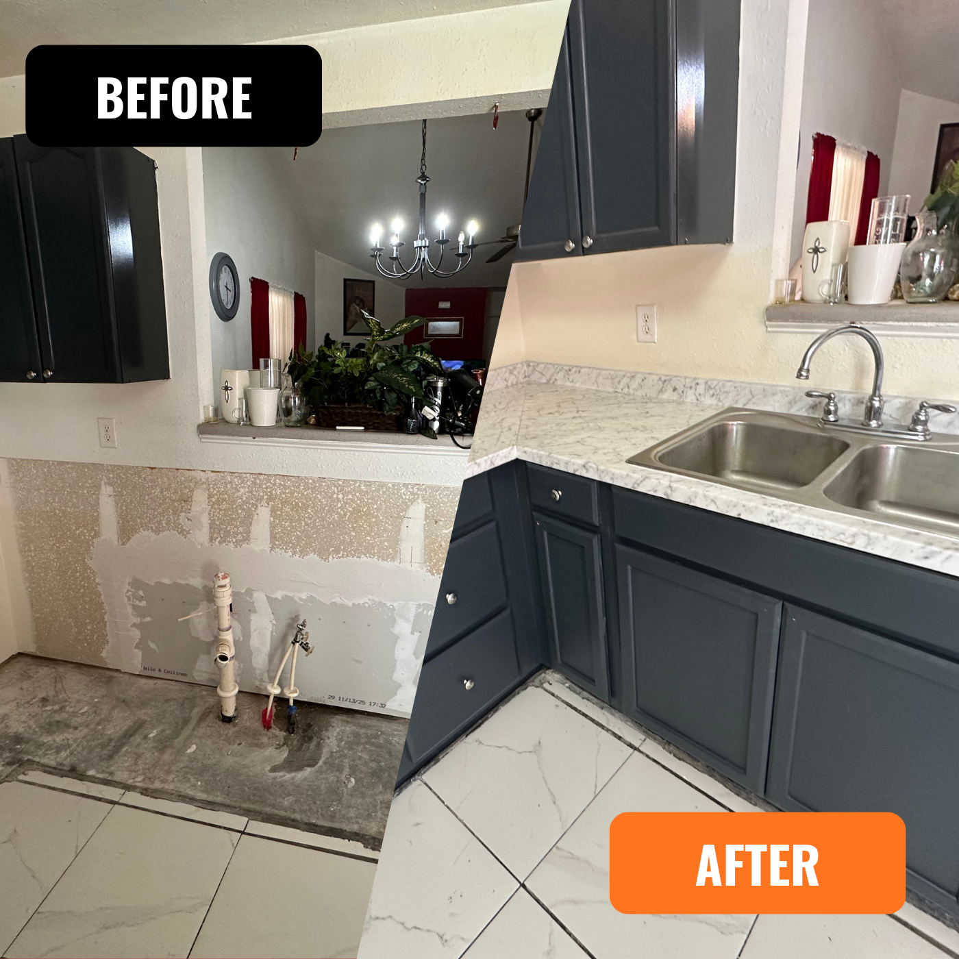 Kitchen Water damage repair. Cabinetry, cabinets, sink, plumbing, painting, cabinets painting, wall repair, insulation, cleaning