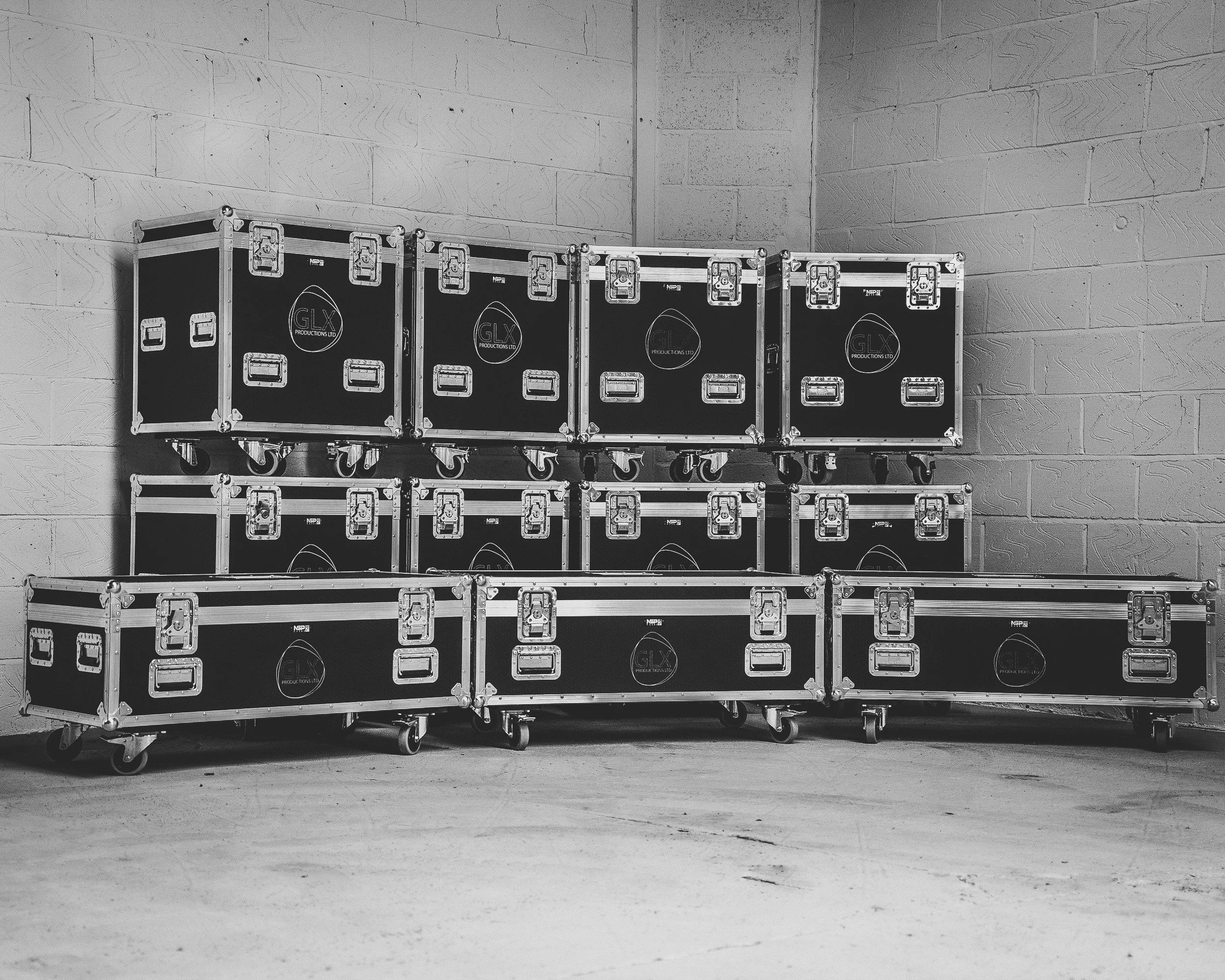 A variation of different sized flight cases for the live events industry