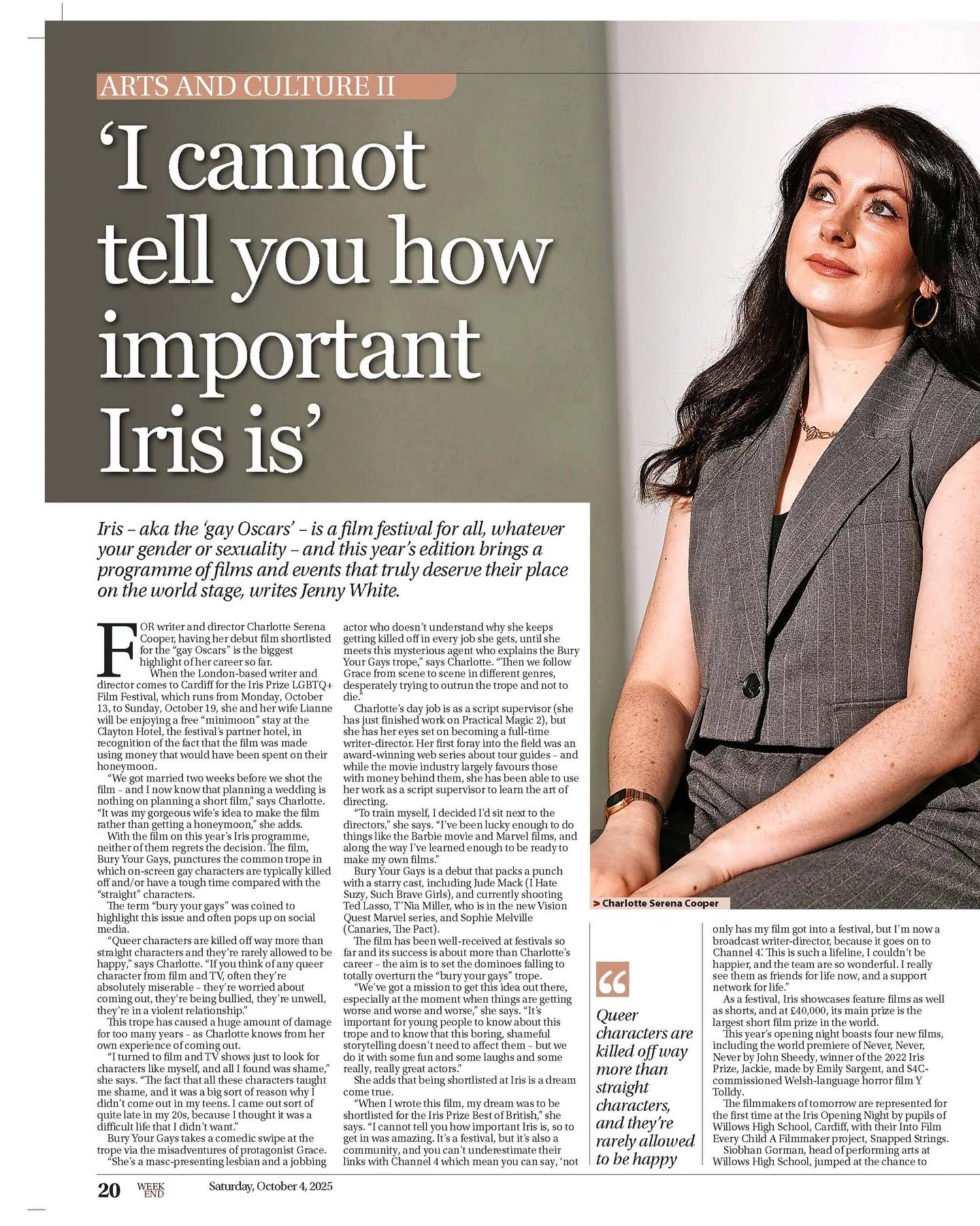 Huge thanks to The Western Mail for the wonderful feature this weekend 📰💜. Talking all things @buryyourgaysfilm , the power of the @irisprize, and why this story had to be told.
(And yes… even more apologies to Lianne for trading our honeym