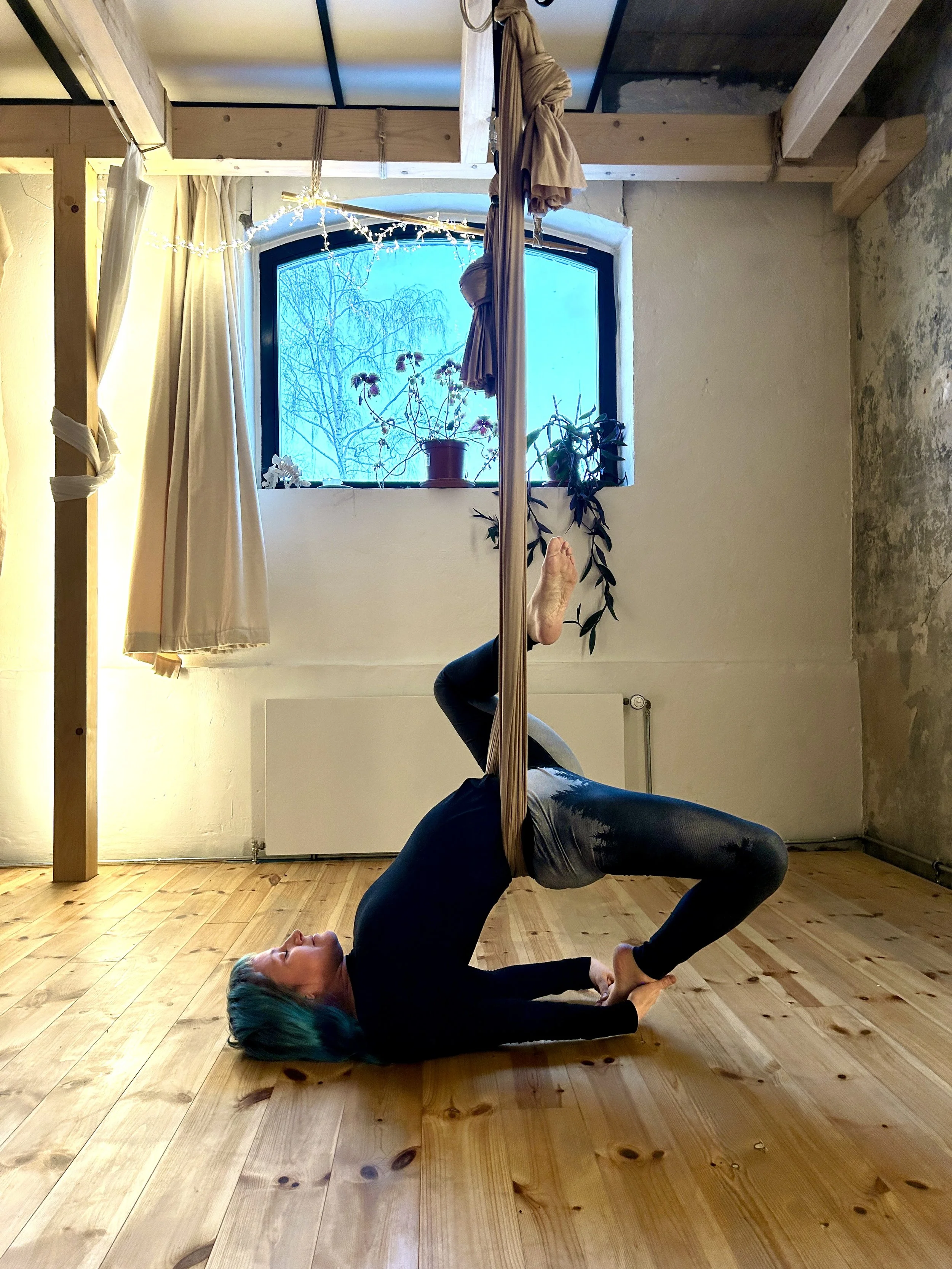 Person performing aerial yoga indoors, lying on a wooden floor and using a fabric hammock for support, near a window with potted plants.