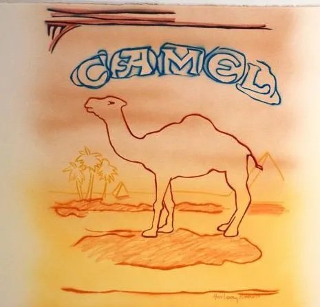 lithograph in beige colors of a camel with the camel cigarette logo above in blue outline