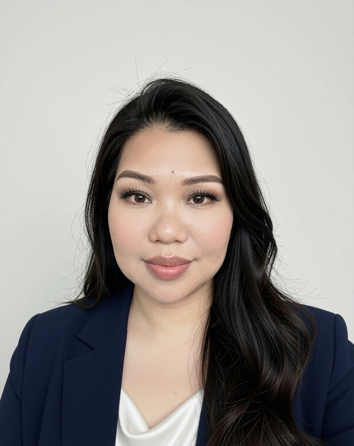Young woman with brown hair smiling on a grey background in the background.