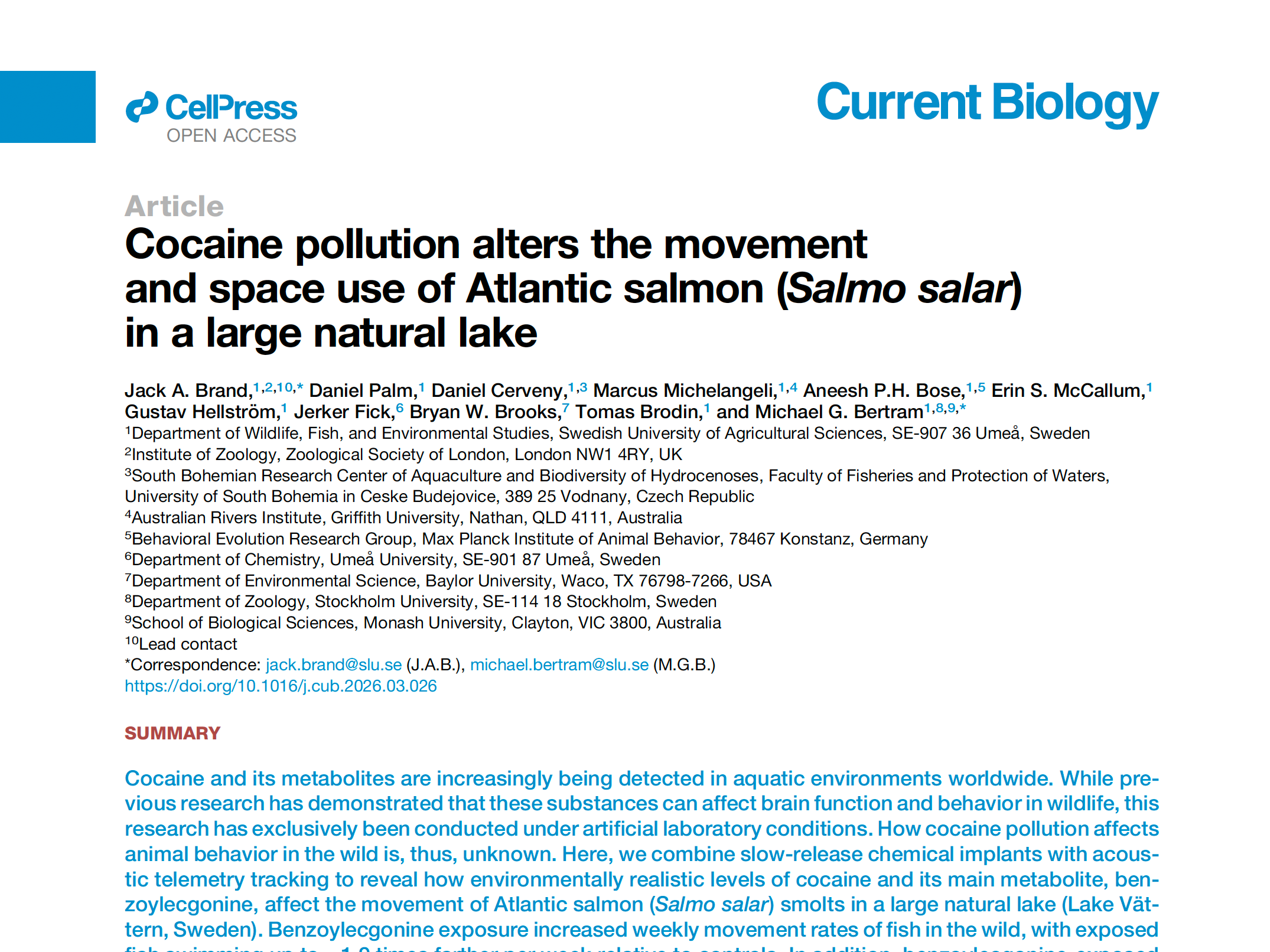 Cocaine pollution and salmon behaviour paper in Current Biology