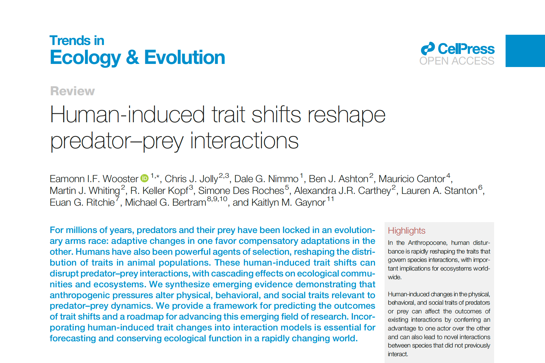 Predator–prey interactions paper published in TREE