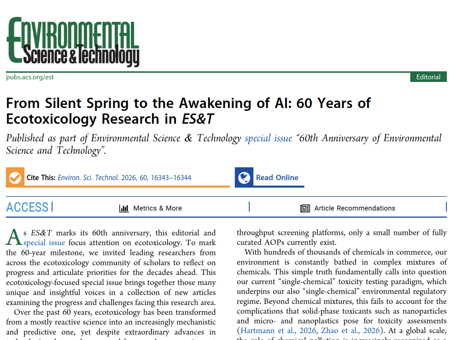 New ecotoxicology editorial and special issue in ES&amp;T