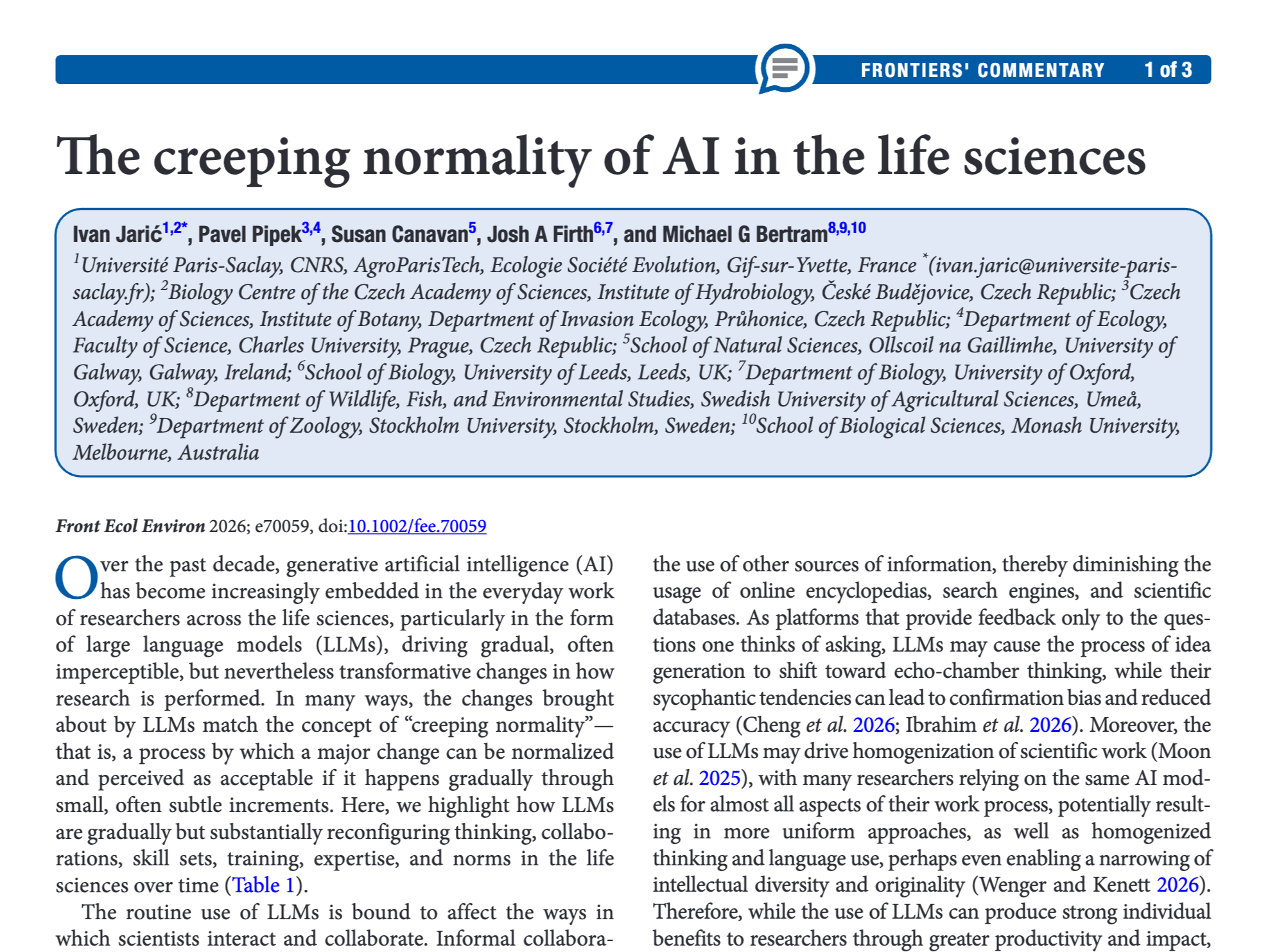 New Commentary on the creeping normality of AI use out in Front. Ecol. Environ.