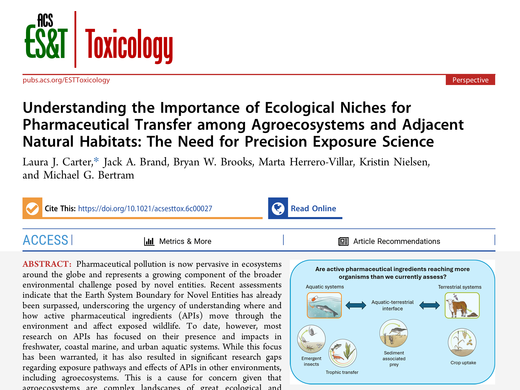 New pharmaceuticals in agroecosystems paper out in ACS ES&amp;T Toxicology