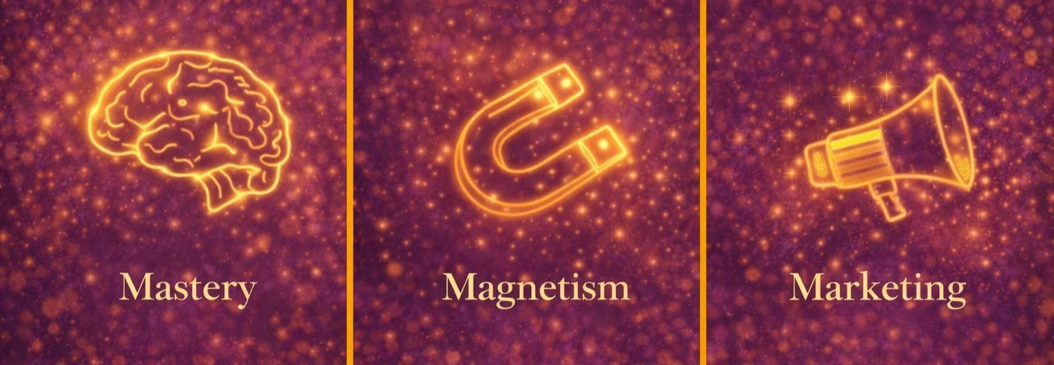 Mastery, Magnetism and Marketing, illustrated with a brain, magnet and megaphone.