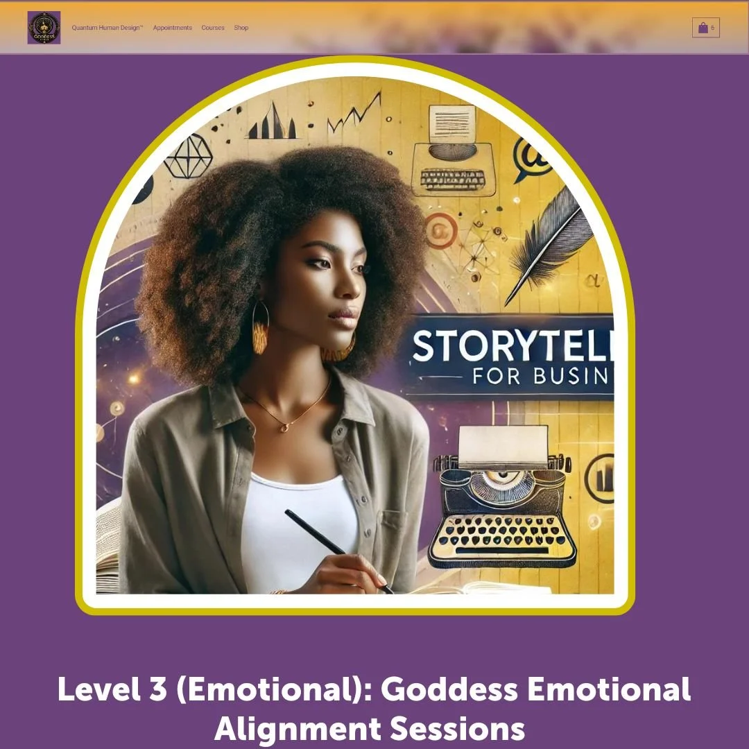 A promotional image for a storytelling event for business called 'Storytel for Business.' It features a young woman with curly hair holding a pen, with a vintage typewriter and abstract illustrations in the background. The event is titled 'Level 3 (Emotional): Goddess Emotional Alignment Sessions.'