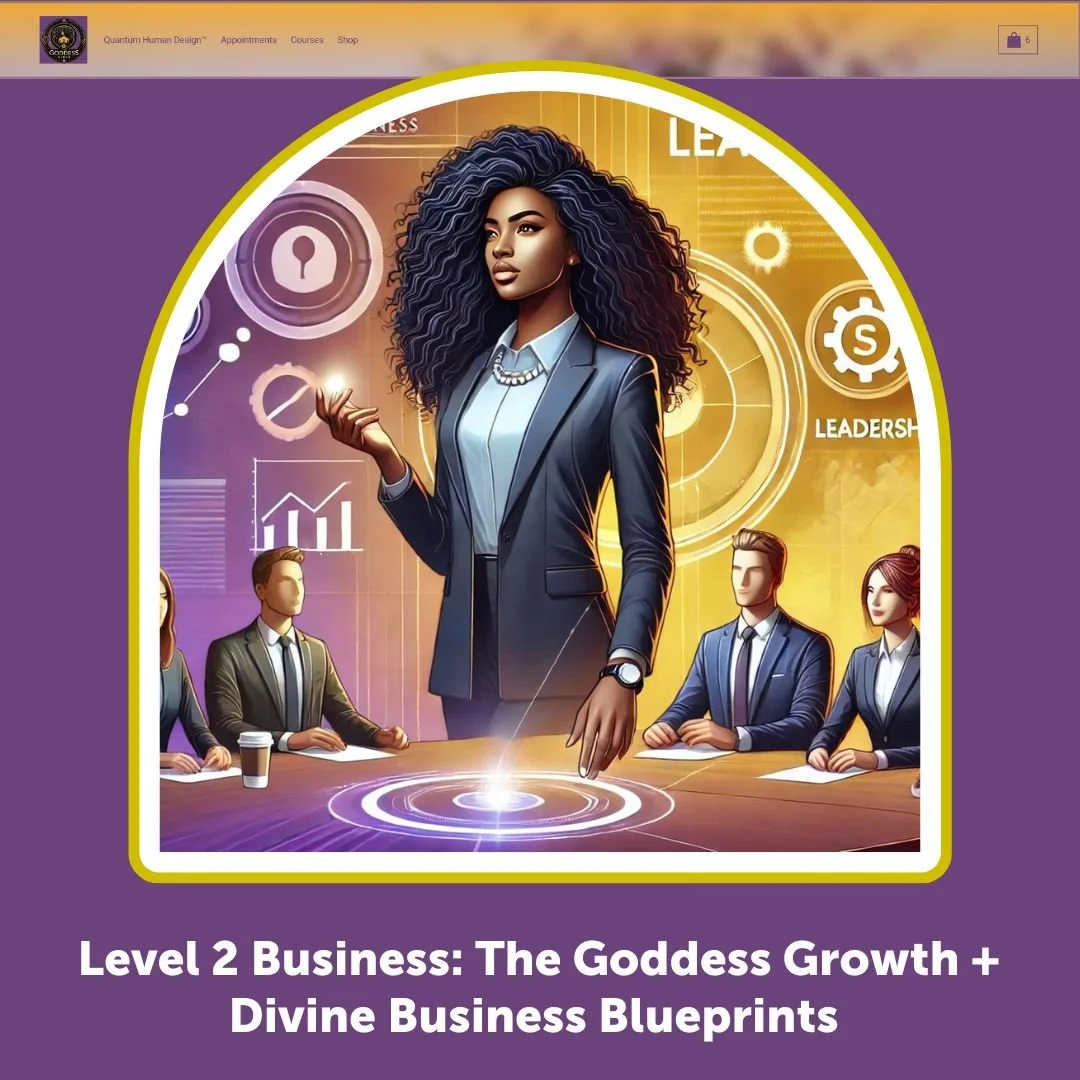 Illustration of a confident businesswoman standing at a futuristic conference table with holographic interfaces, surrounded by colleagues in a tech-inspired setting, promoting a business course titled 'Level 2 Business: The Goddess Growth + Divine Business Blueprints.'