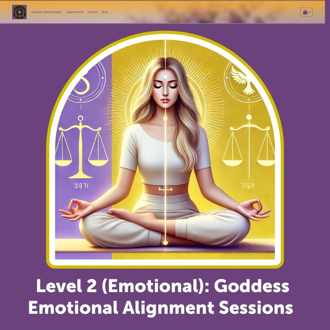 A woman sitting in a meditative pose with a glowing aura and spiritual symbols behind her, promoting goddess emotional alignment sessions.