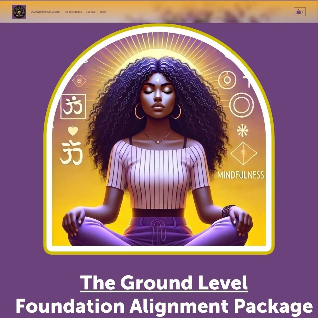 Illustration of a woman meditating in a cross-legged position, with spiritual symbols around her, and the text "The Ground Level Foundation Alignment Package" at the bottom.