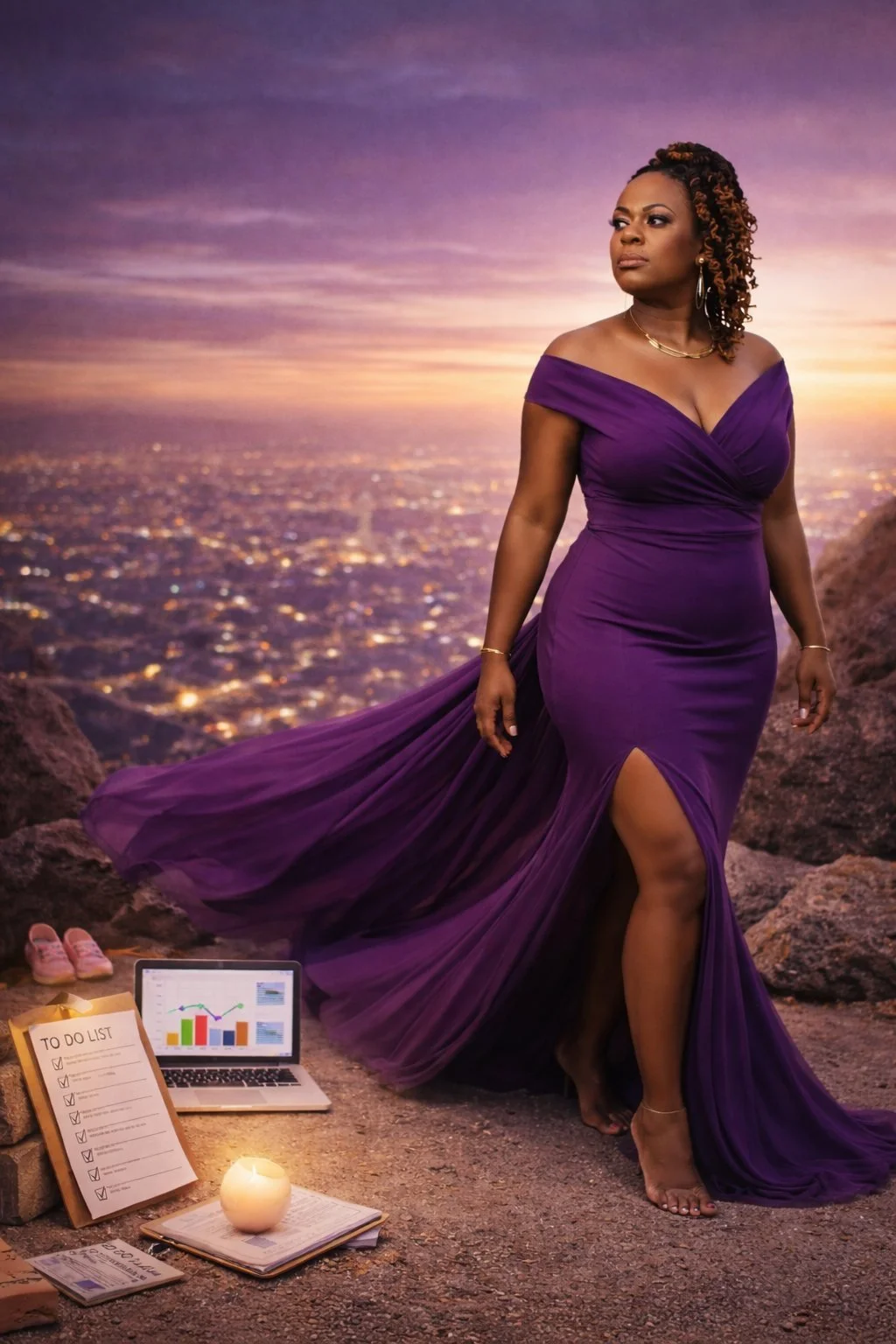 Octavia Harris in a purple dress overlooking a city, beside a laptop and planning materials.