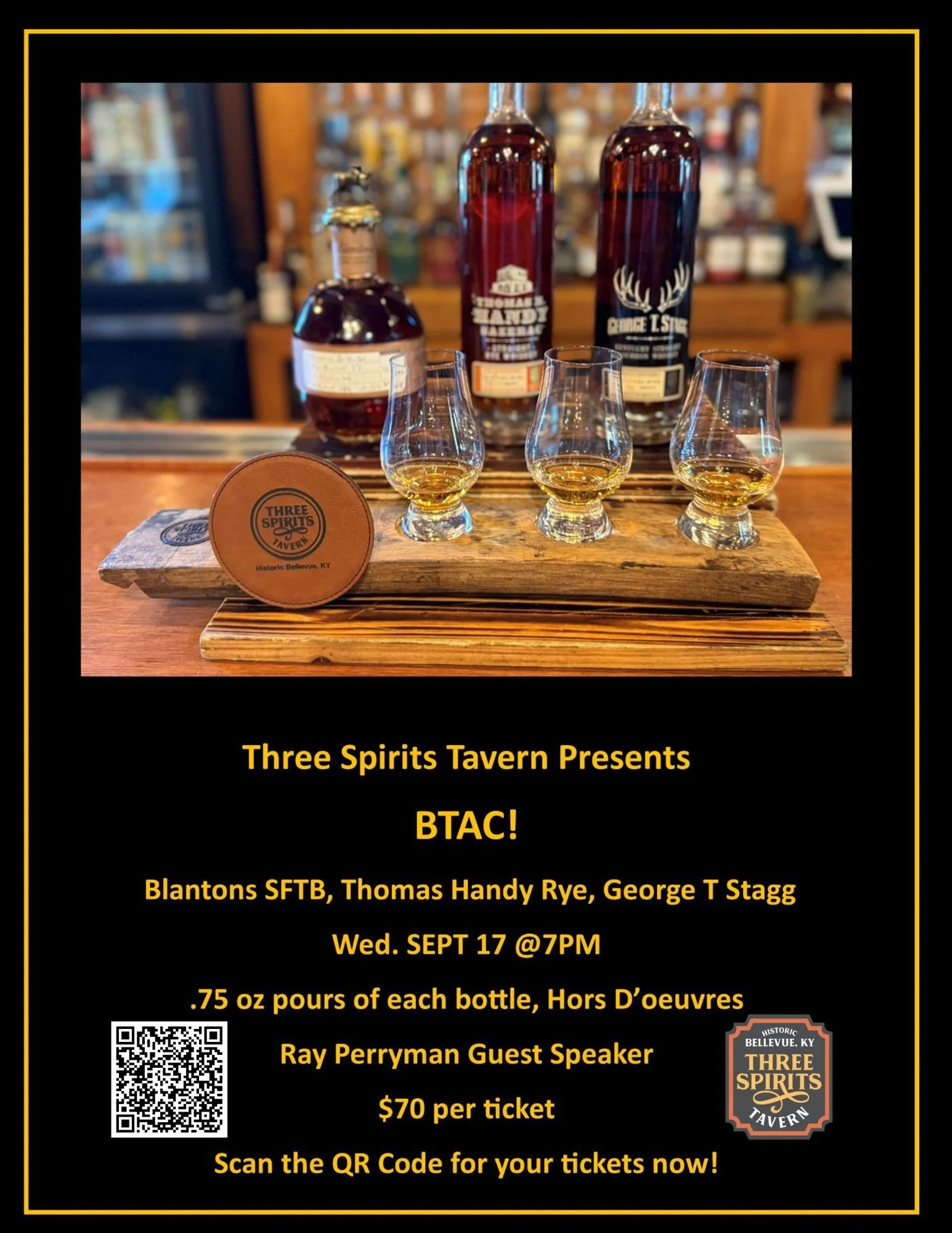 Bourbon Tasting Event Three Spirits Tavern Sept. 17th WED. 7PM
