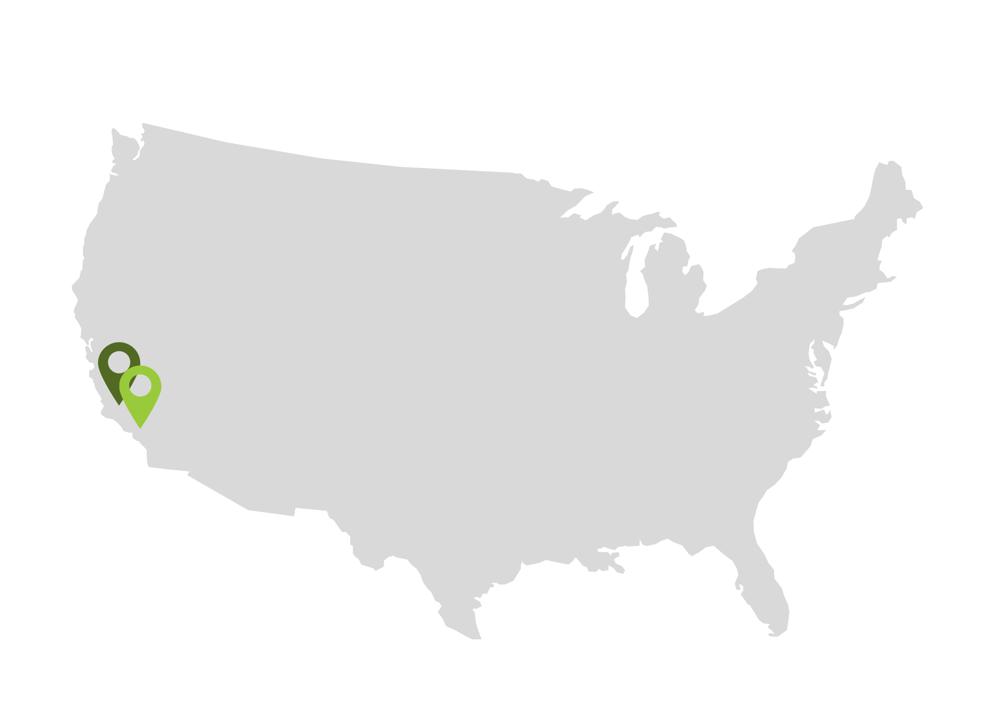 Map of the United States with two location markers in California.