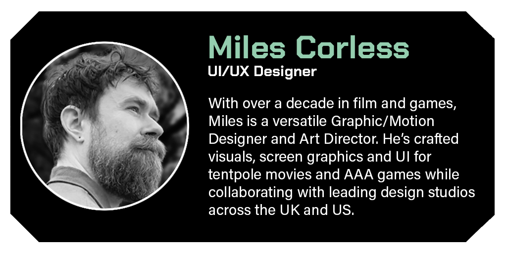 Black and white headshot of a man with curly hair and beard, in circular frame, on a black background with green text about his work as a graphic and UI/UX designer.