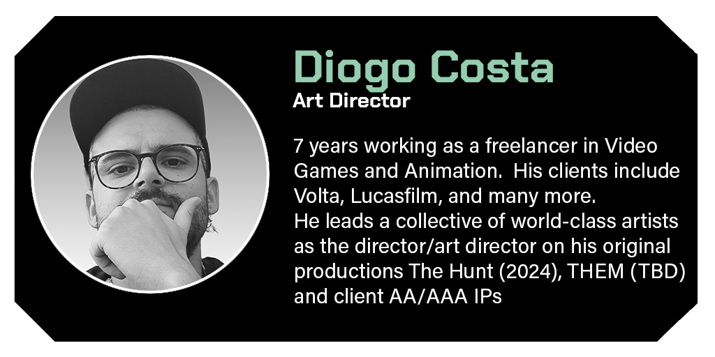 A digital card featuring a black-and-white portrait of Diogo Costa, an art director wearing glasses and a cap, with a black background and green text.
